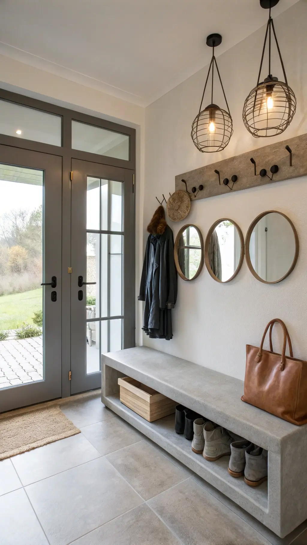 modern entryway with morning light through frosted glass door, floating concrete-look shelf, mirrored wall-art, black hooks copper accents, oak bench, and terrazzo floor