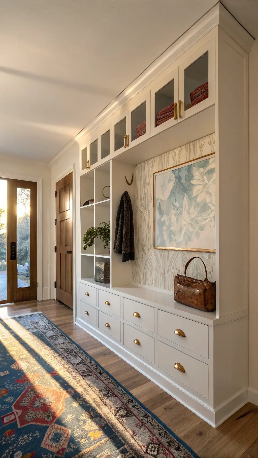 sunny 6x5ft entryway with ikea billy bookcase, brass hardware and wallpaper backing, removable hook system, abstract blue cream art, vintage turkish runner under golden hour lighting.