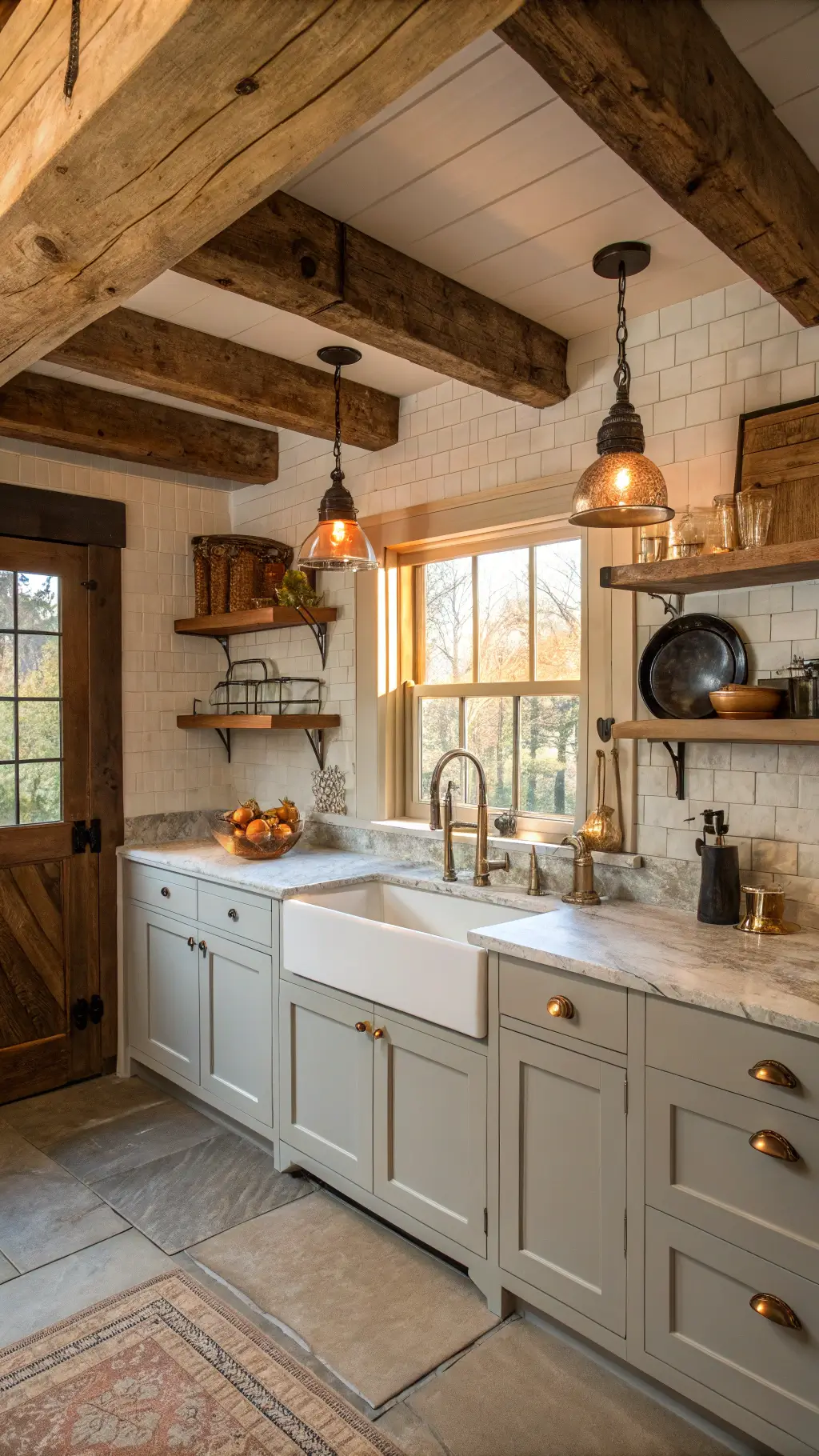 rustic contemporary farmhouse kitchen with exposed wooden beams, grey shaker cabinets, soapstone counters, copper cookware, and warm afternoon light streaming through window