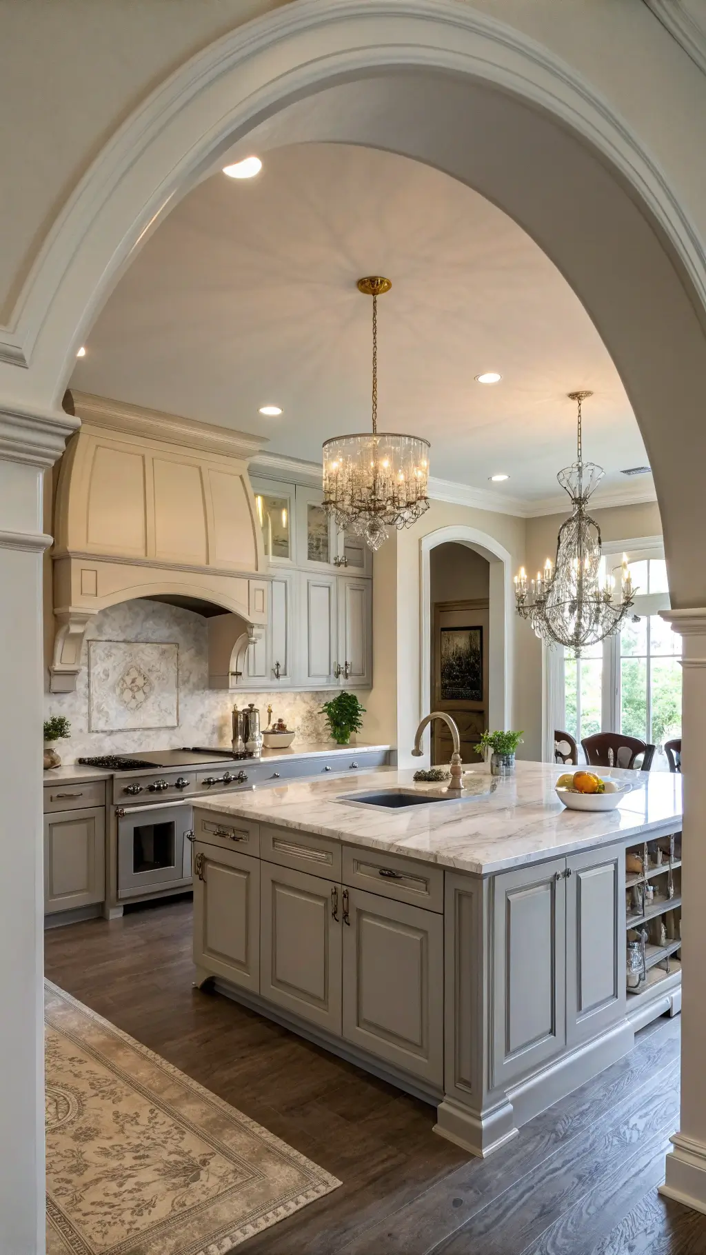 elegant open-concept kitchen with two-tone light grey cabinets, marble backsplash, antique brass hardware, and crystal chandelier, bathed in late morning light