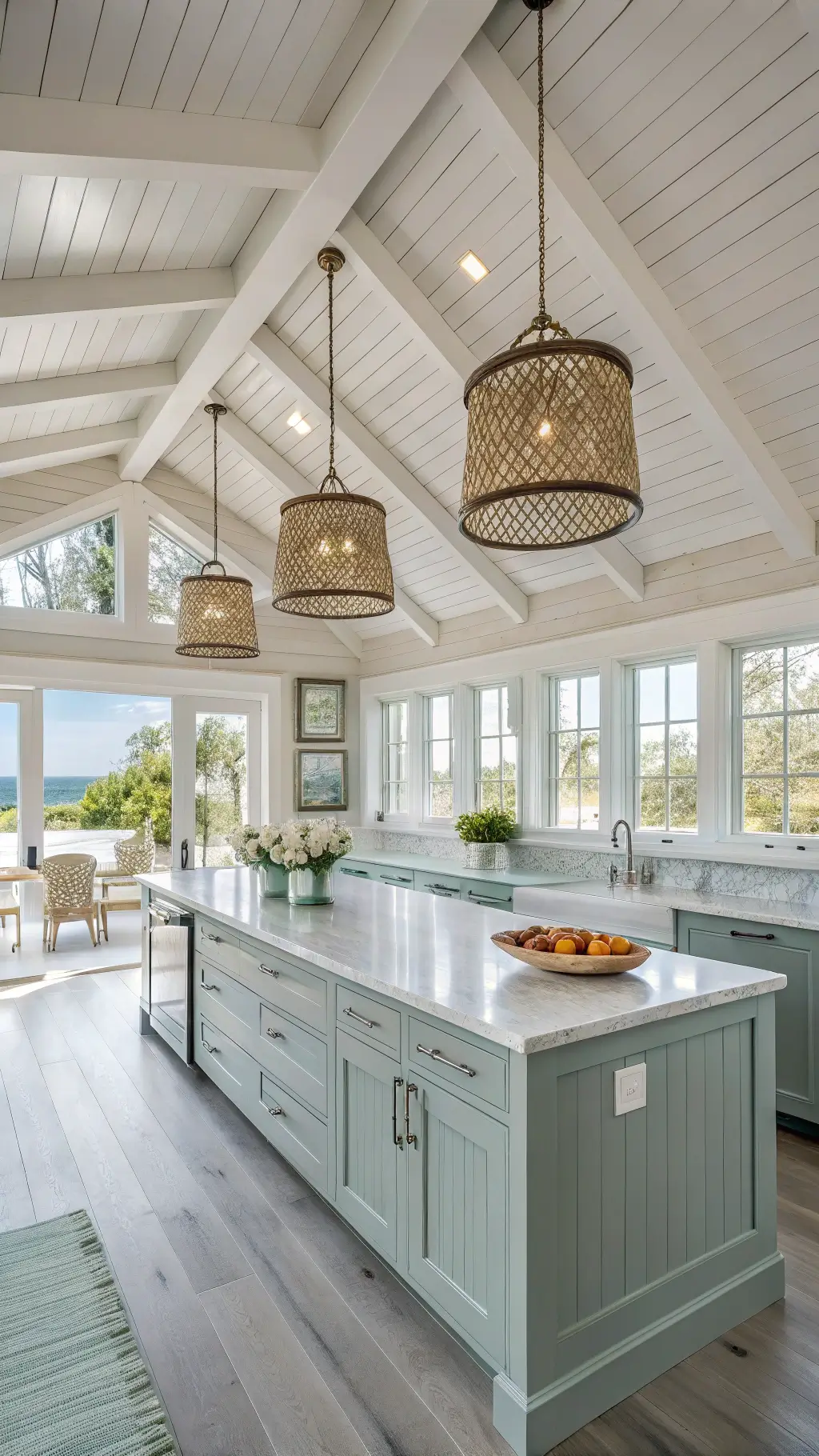 coastal contemporary kitchen with white-washed ceiling beams, light grey cabinets, quartzite counters, woven pendant lights and natural light from multiple windows showcasing indoor-outdoor flow blue-green accents