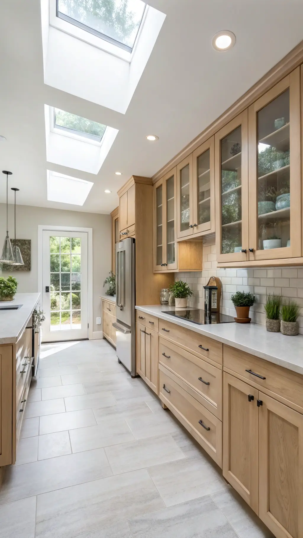 Bright transitional kitchen with light maple cabinets, glass-front displays, integrated appliances, white ceramics, and potted succulents under skylight illumination.