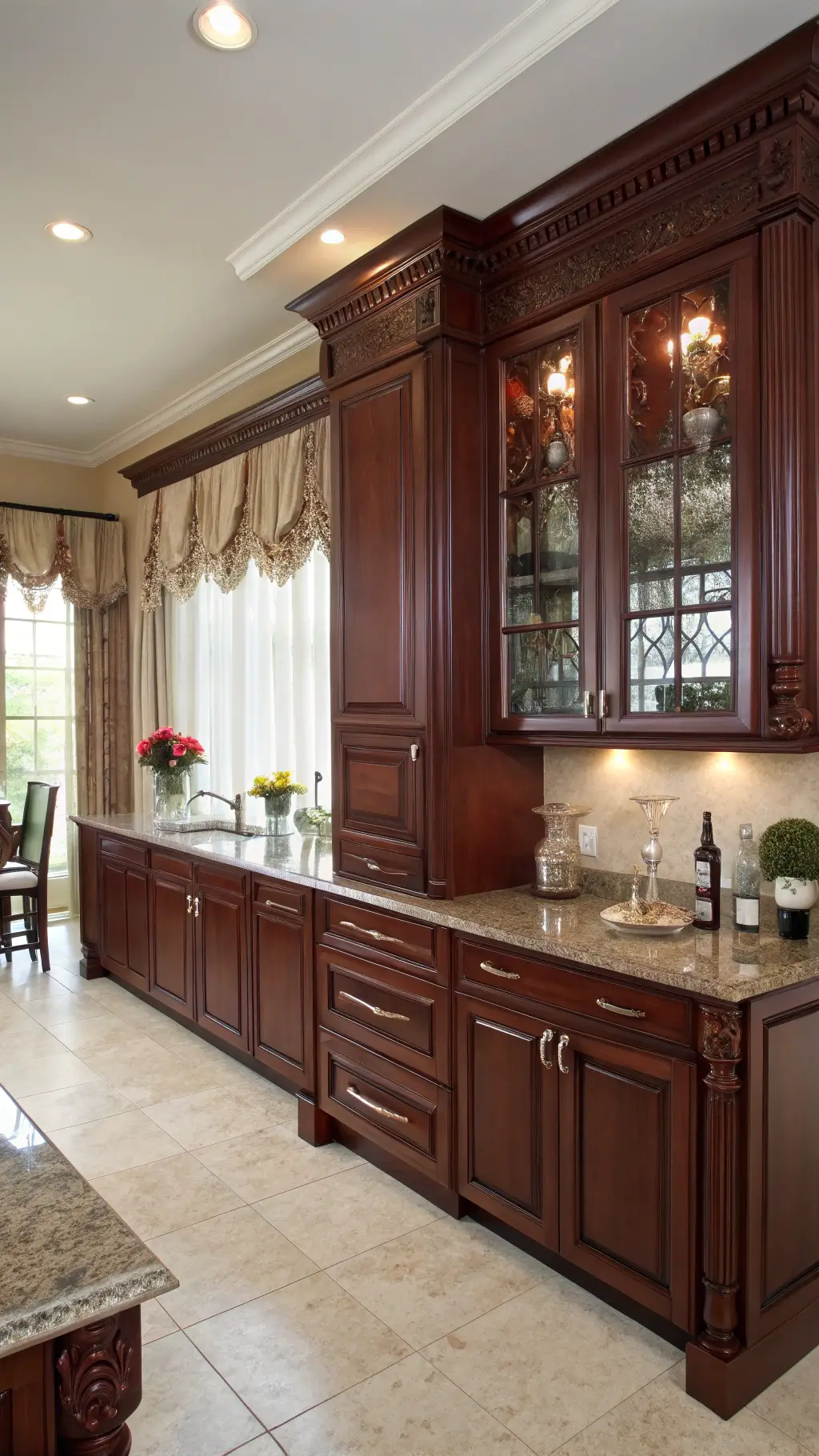 Sophisticated kitchen with rich cherry cabinets, raised panel doors, intricate millwork, professional lighting, crystal decanters, and silver serving pieces.