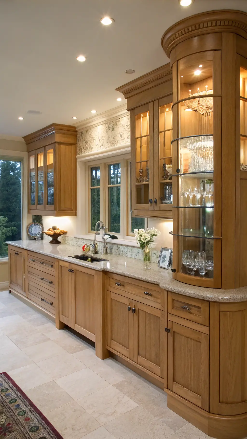 Elegant kitchen with figured maple cabinets, northern light enhancing wood's shimmer, architectural peninsula with curved end cabinet, under-cabinet lighting, styled crystal barware, silver accessories, and white orchids.