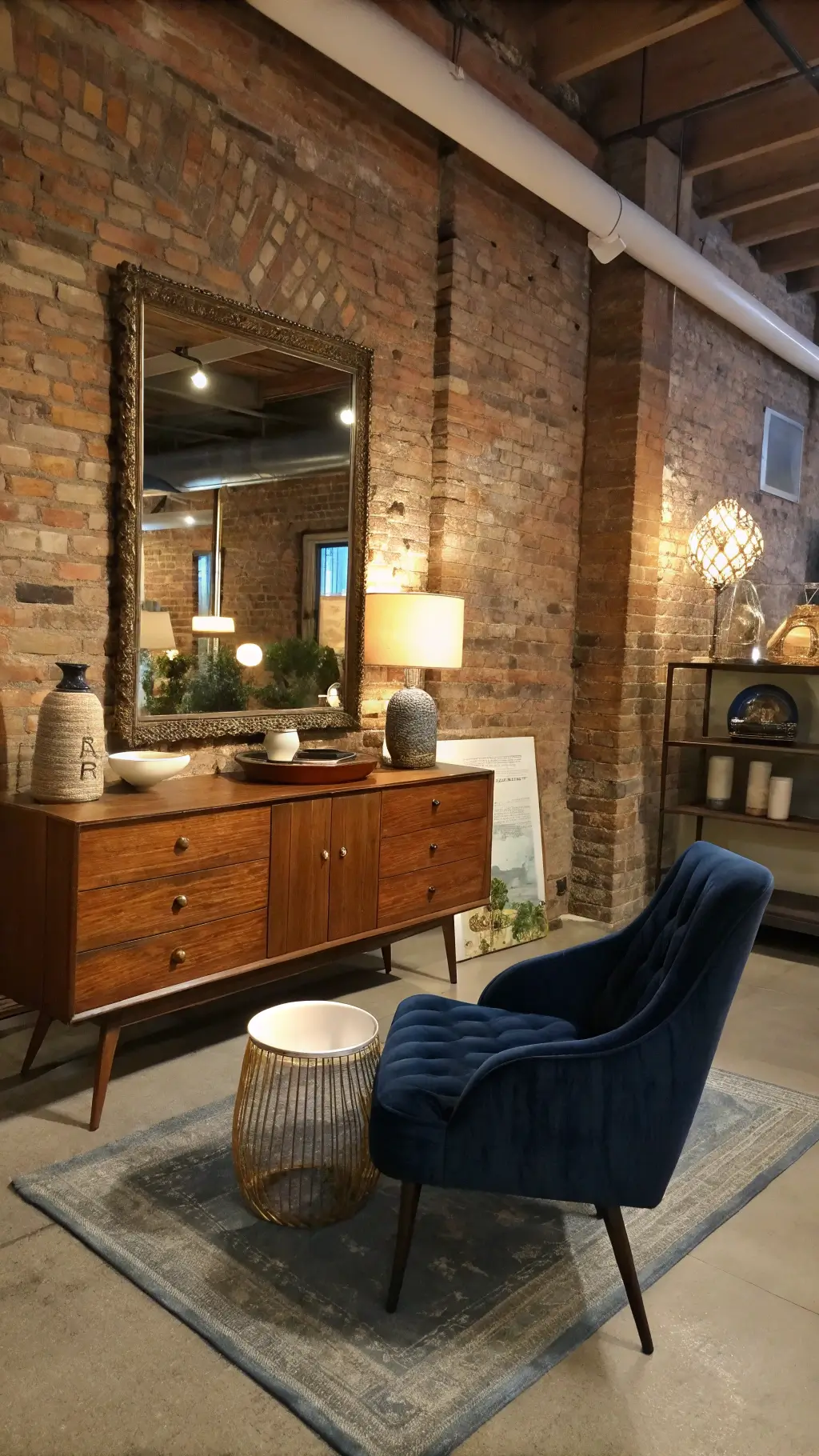 Cozy living room with exposed brick walls, modern LED track lighting, artisanal ceramics, antique gold mirror above a mid-century teak sideboard, navy velvet wingback chair, and industrial metal side tables.