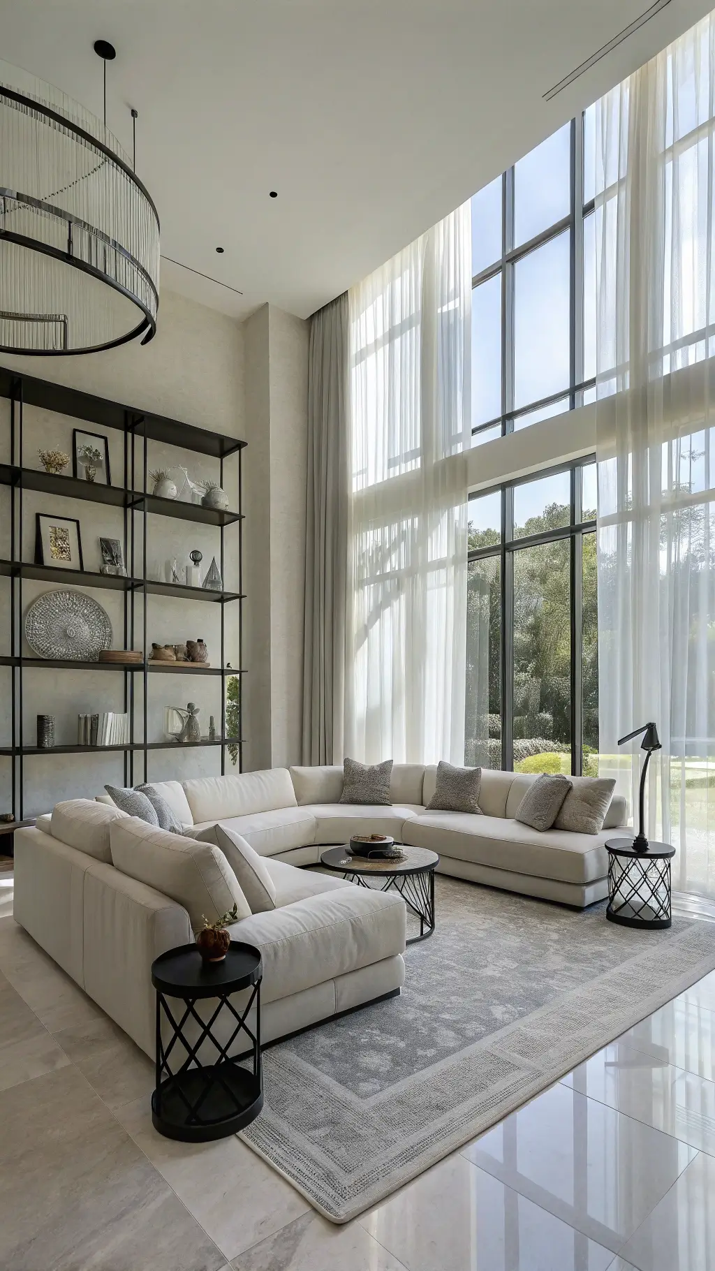 Open-plan living area featuring a curved grey sectional sofa, geometric marble side tables, black metal floor lamps, and monochrome decor on built-in shelves, bathed in natural light through sheer curtains.