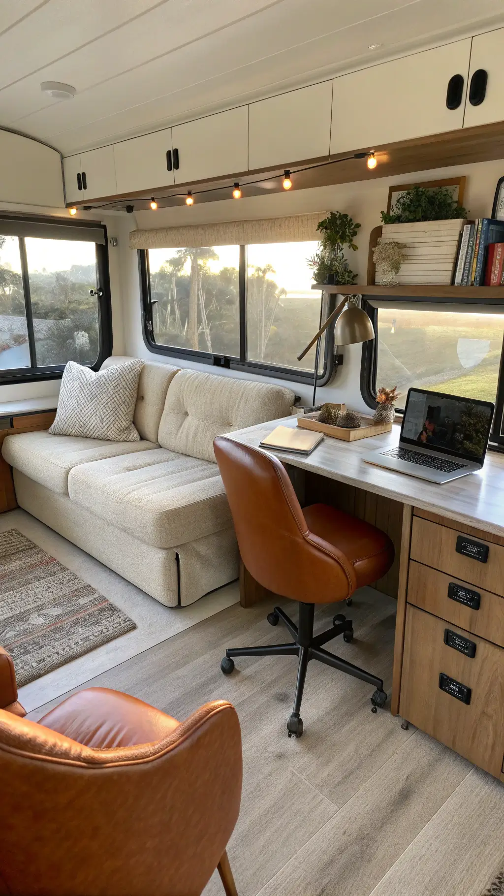 Bright, adaptable living area with modular oatmeal linen sofa, black hardware desk nook with integrated lighting, and cognac leather swivel chairs, showcasing versatility.