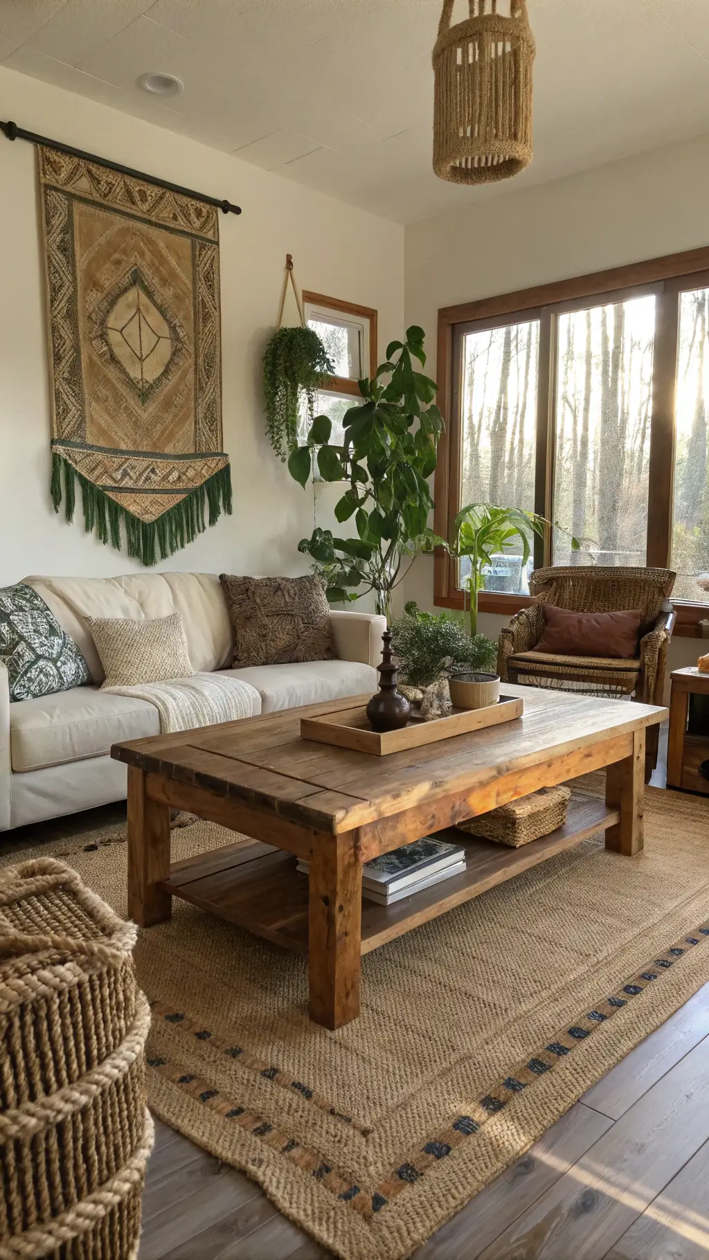 Eco-conscious living room featuring FSC-certified furniture, reclaimed wood coffee table, lush plant wall, and handwoven textiles, bathed in natural afternoon light.
