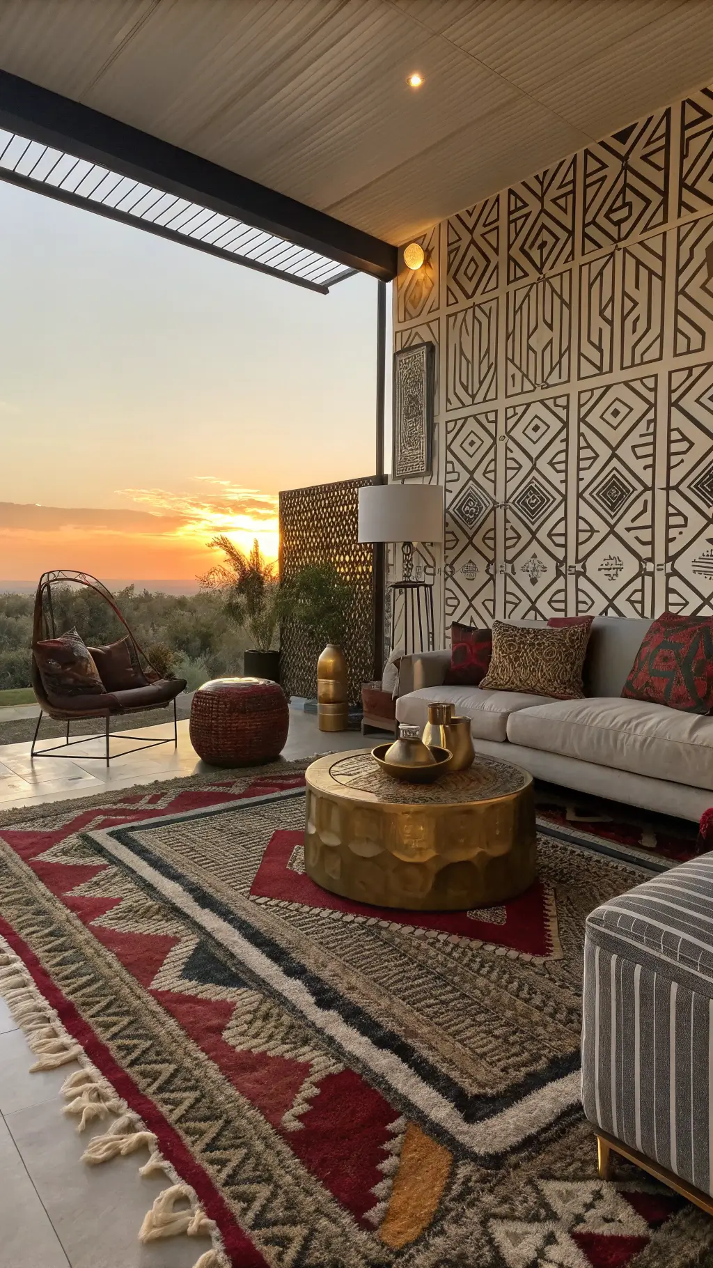 Elegant living room at sunset featuring layered Moroccan rugs, bold geometric wallpaper, classic furniture, and mixed metal accents, highlighting spatial depth and texture.