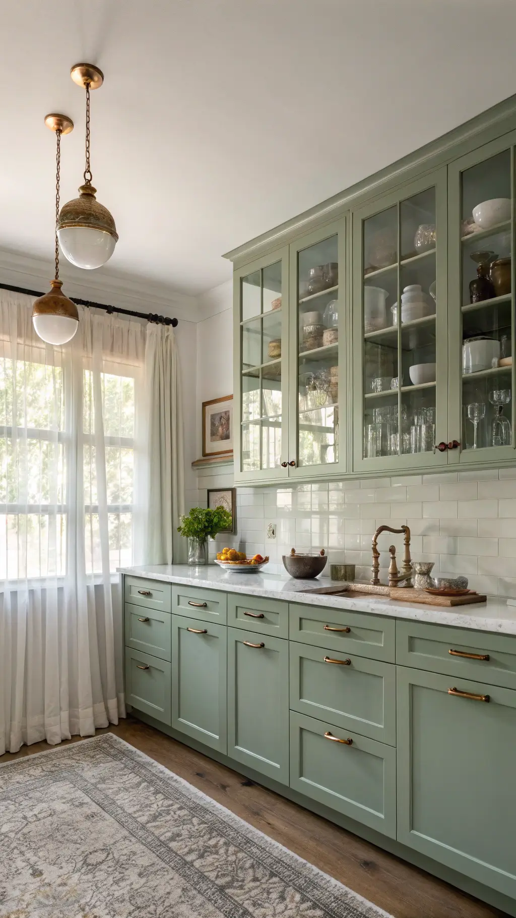L-shaped kitchen with sage green cabinetry and walls, glass-front upper cabinets, brass hardware, mid-century modern pendant lights, integrated appliances, morning light through sheer curtains