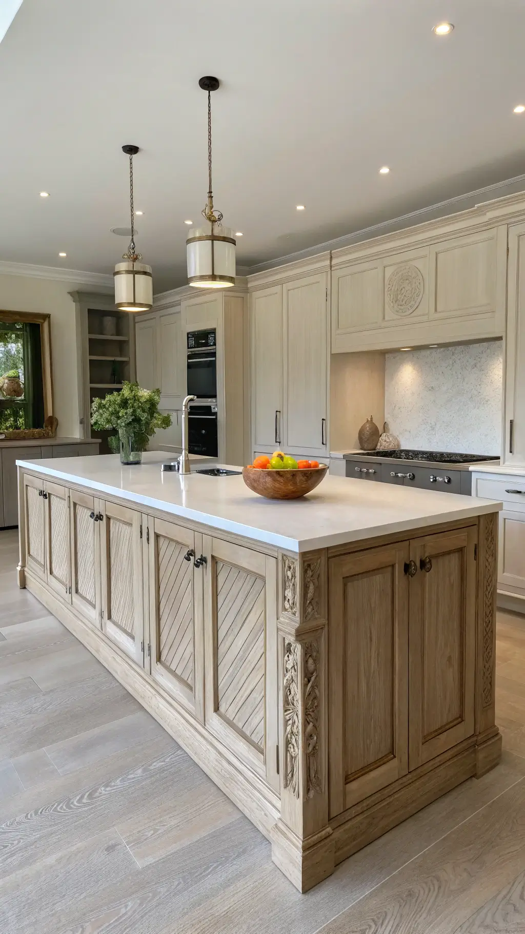 minimalist kitchen with bleached oak sculptural island featuring fluted details and integrated prep sink, artisanal cutting boards, modernist fruit bowl, hidden appliances, zenithal lighting