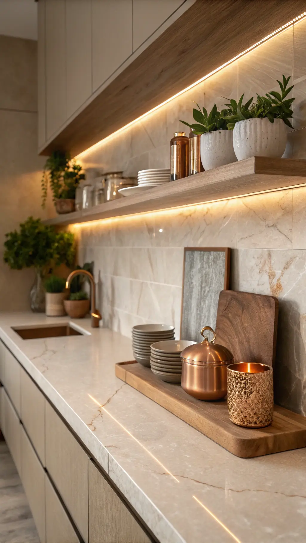 taupe backsplash transitioning into floating shelves with ceramics and copper accessories, illuminated by pendant lights during golden hour