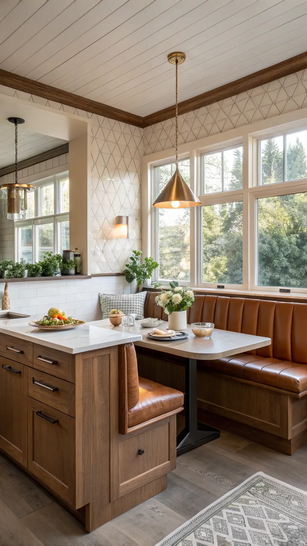 mid-century breakfast nook with walnut cabinetry, camel leather banquette, hidden range hood, geometric tableware, vintage lighting, greenery in morning light