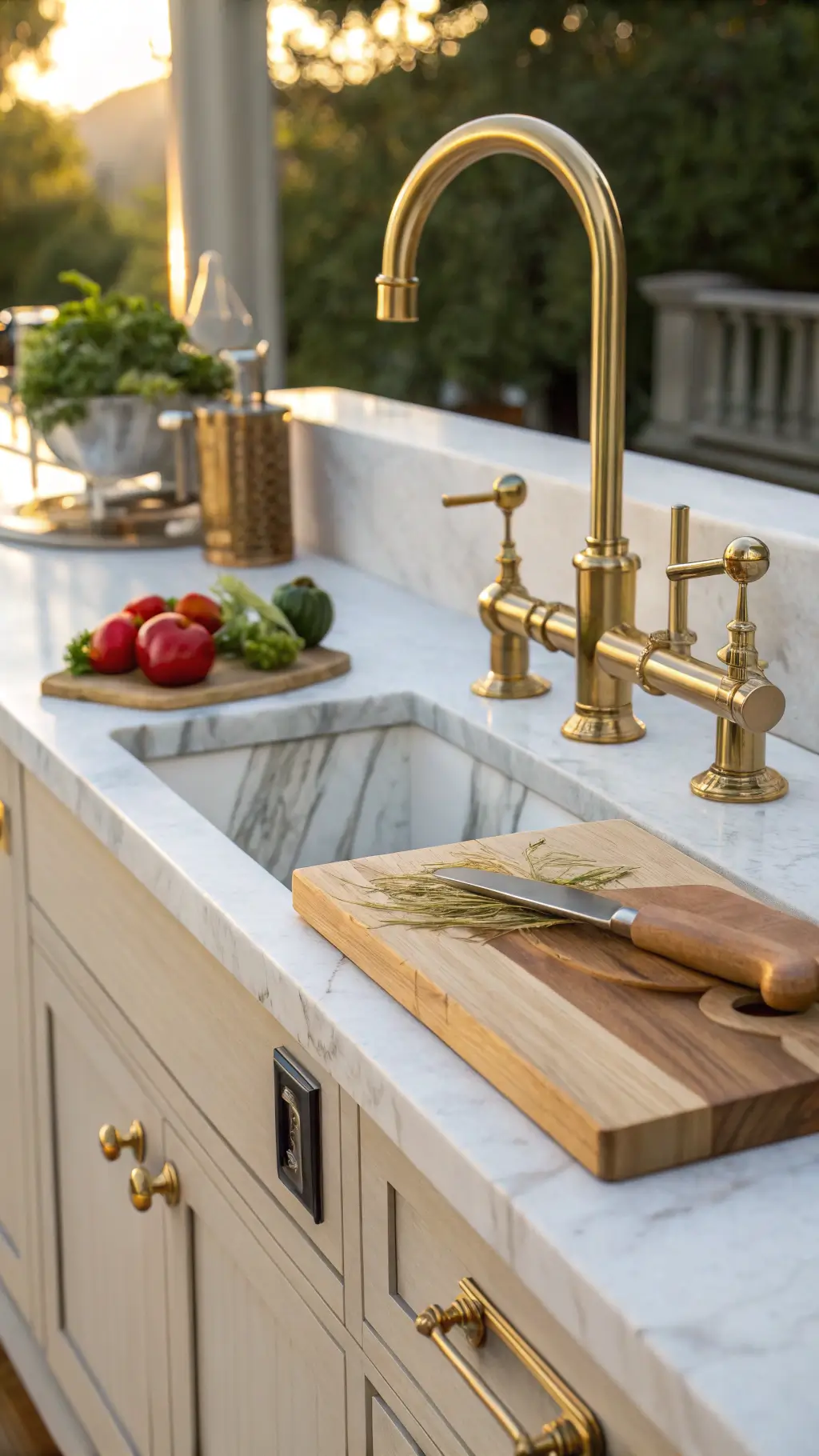 integrated kitchen prep station with brass fixtures, marble surface, wooden tools, fresh produce in late afternoon light