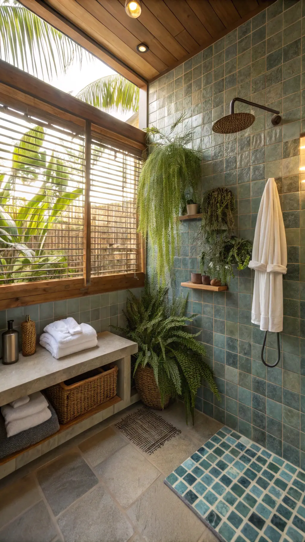 Eco-conscious bathroom with living plant wall and smart fixtures