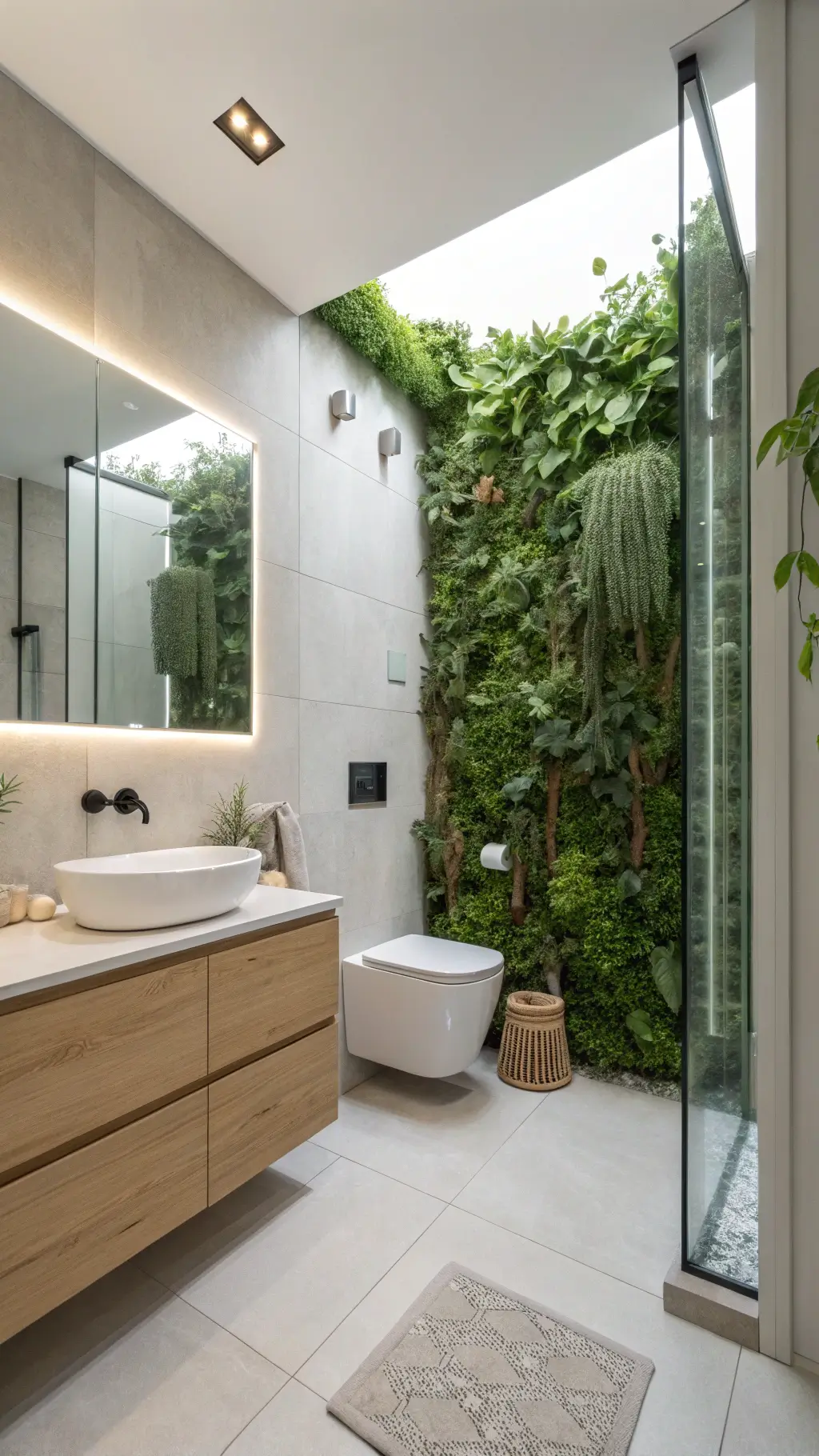 Bathroom featuring textured stone, wood accents, and mood lighting