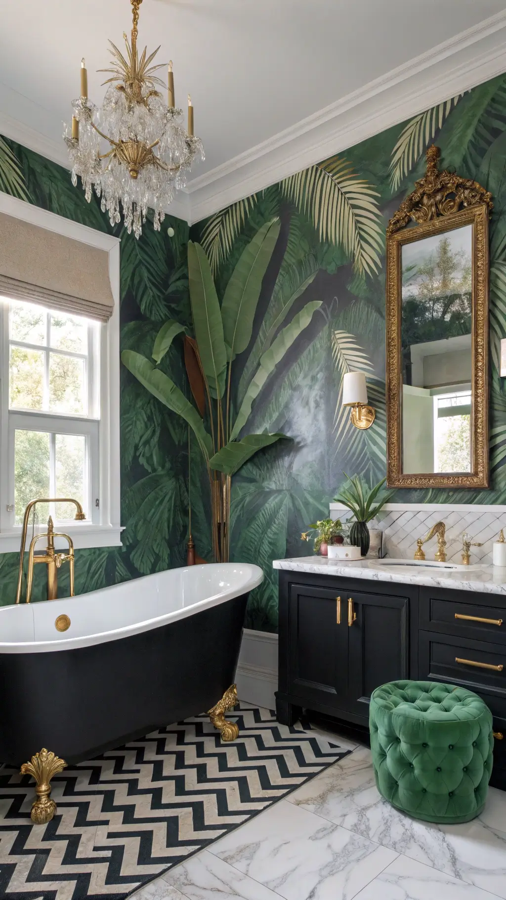 Artistic bathroom with tropical wallpaper and luxurious fixtures