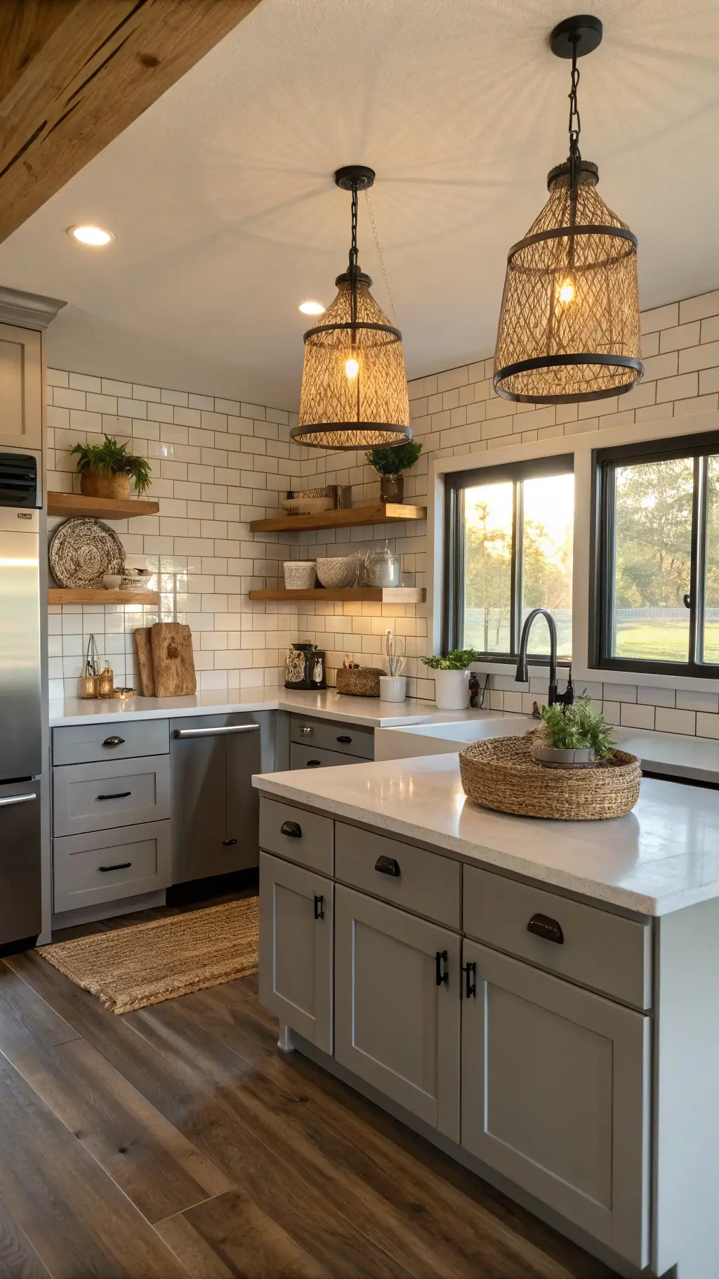 Transitional kitchen with steel grey cabinets, white subway tile backsplash, butcher block island, open shelves, pottery, and woven pendant lights in warm afternoon light.