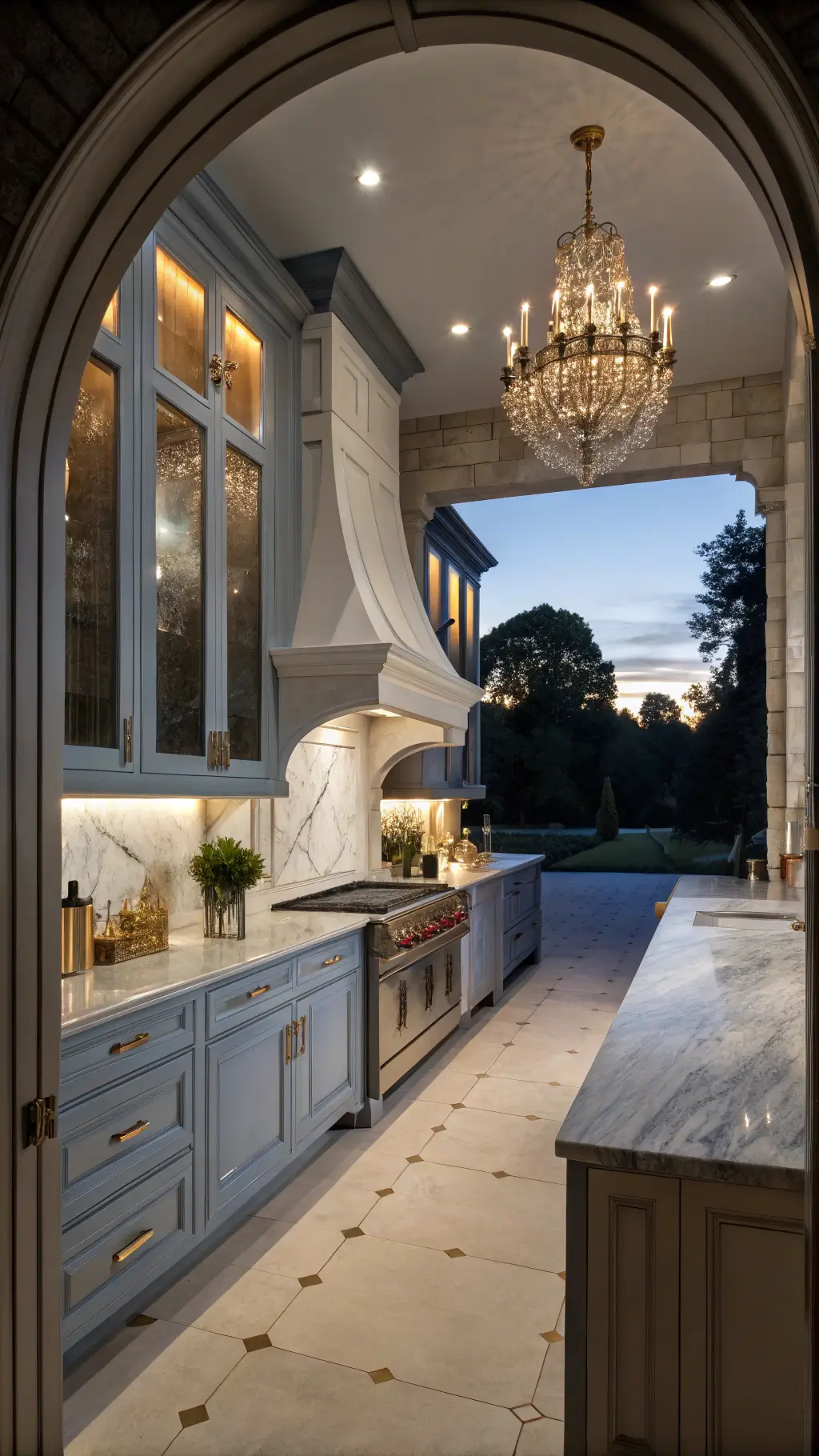 Elegant galley kitchen at dusk with blue-grey and white cabinets, gold hardware, marble counters, crystal chandelier, antique mirrors, and copper cookware.