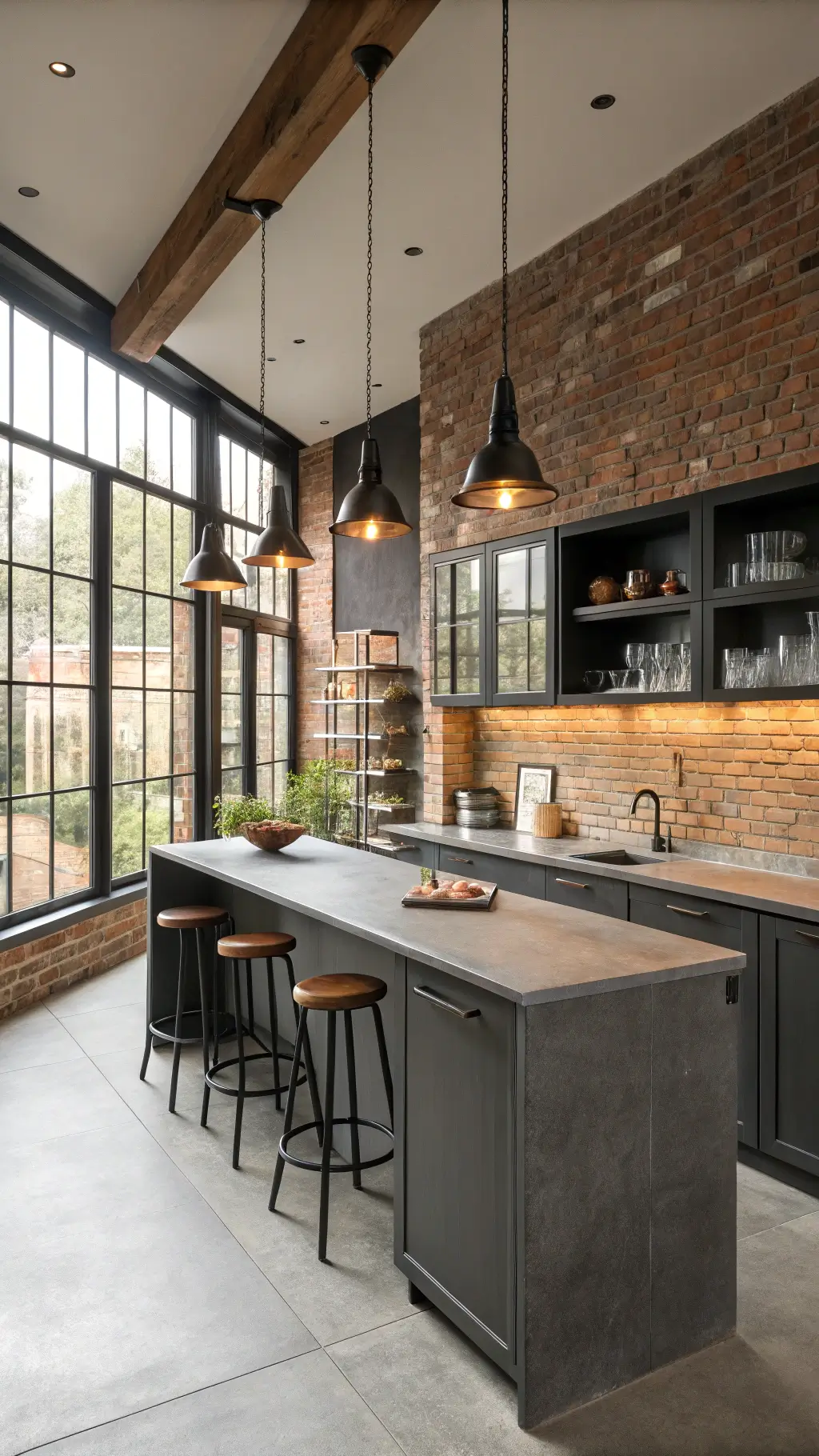 Industrial-modern kitchen with charcoal grey cabinets, concrete countertops, copper pendant lights, reclaimed wood shelves, and black steel-framed windows against exposed brick.