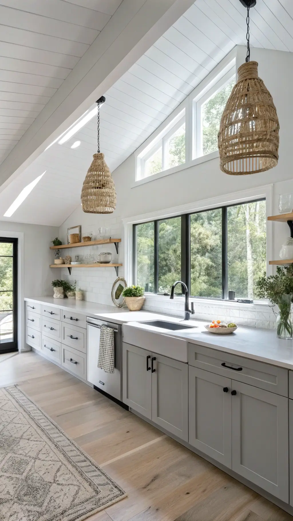 Bright Scandinavian-inspired kitchen with vaulted ceiling, soft dove grey cabinets, white quartz countertops, pale ash wood floors, black metal window frames, woven light fixtures, and greenery in white ceramic pots.