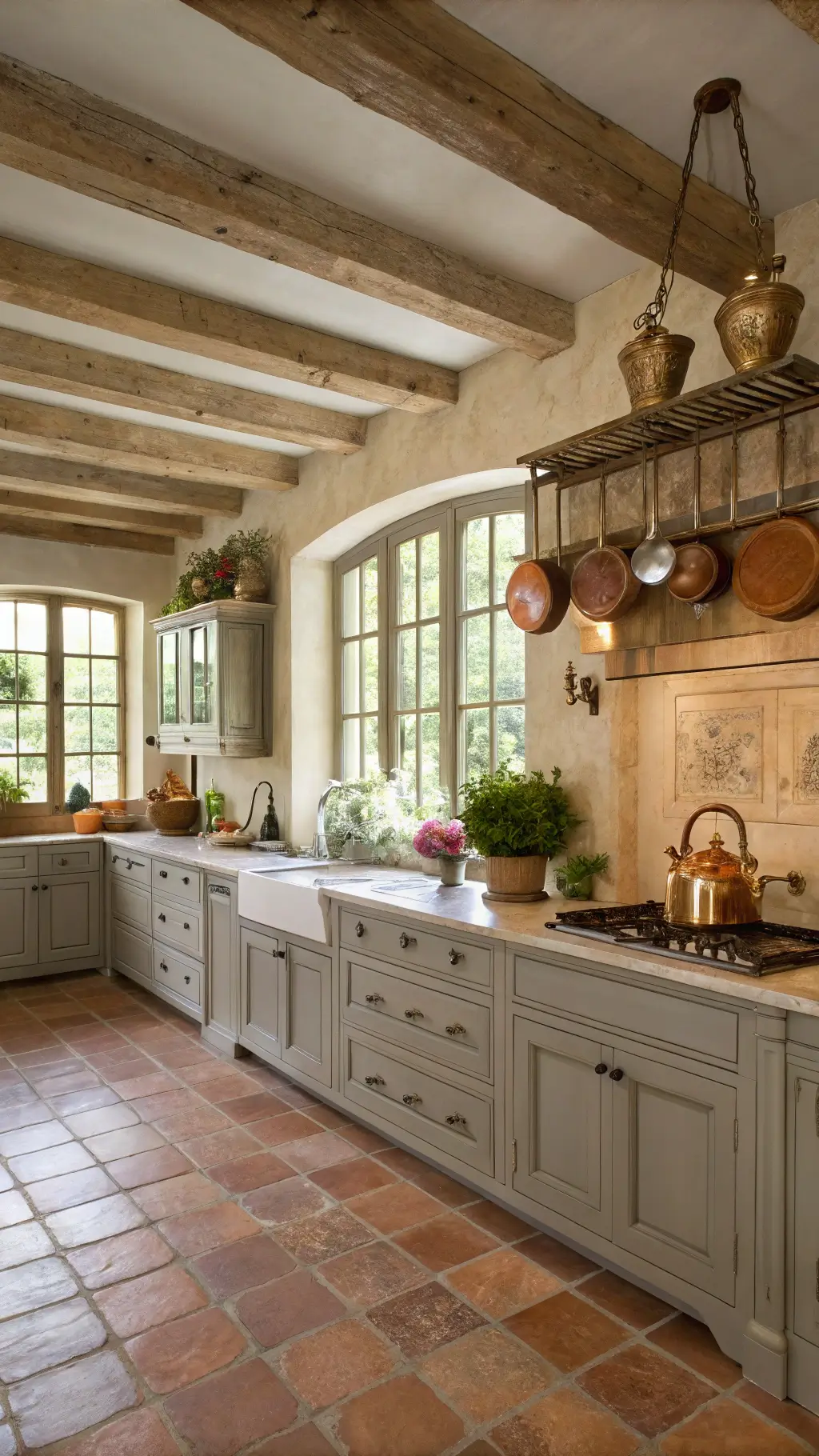 French country kitchen with beamed ceiling, distressed grey cabinets, cream limestone counters, terracotta floors, copper pots, and warm morning light through mullioned windows.