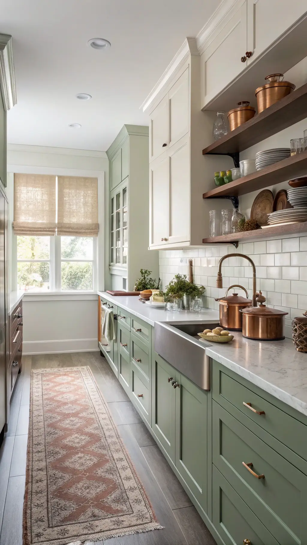 eye level view of a cozy 8x12ft galley kitchen with sage green lower shaker cabinets, cream upper marble-topped island, white ceramic canisters, and copper cookware collection on open shelves, under morning light filtered through sheer roman blinds. vintage persian runner burgundy tones is the floor.