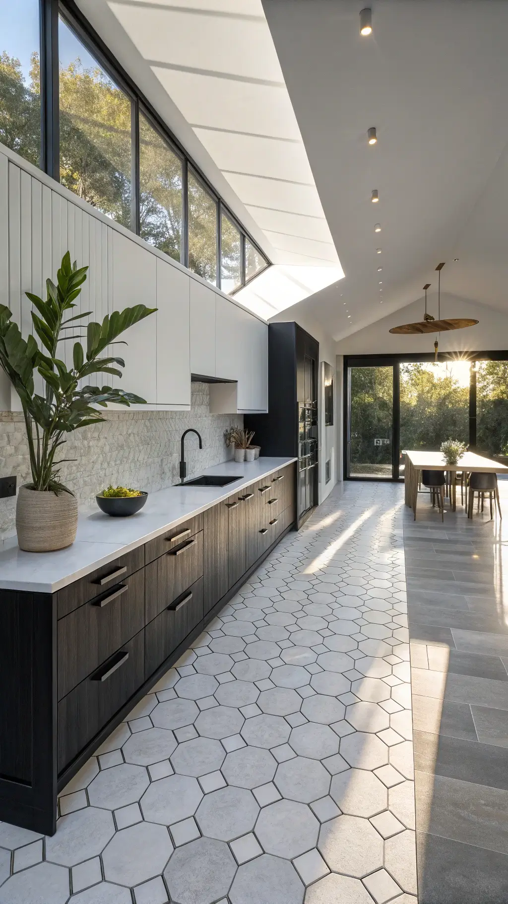 contemporary open-concept kitchen with tuxedo-style cabinets, hexagonal floor tiles, and a central island in bleached oak under afternoon lighting