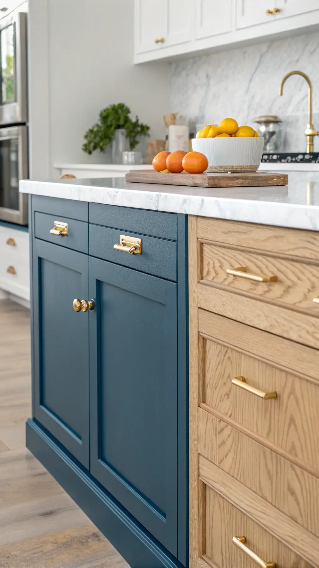 close-up view of navy blue kitchen island with brass inlay, white oak panels, and brushed hardware bathed in afternoon light, showcasing a marble cutting board, handcrafted ceramics, fresh citrus.