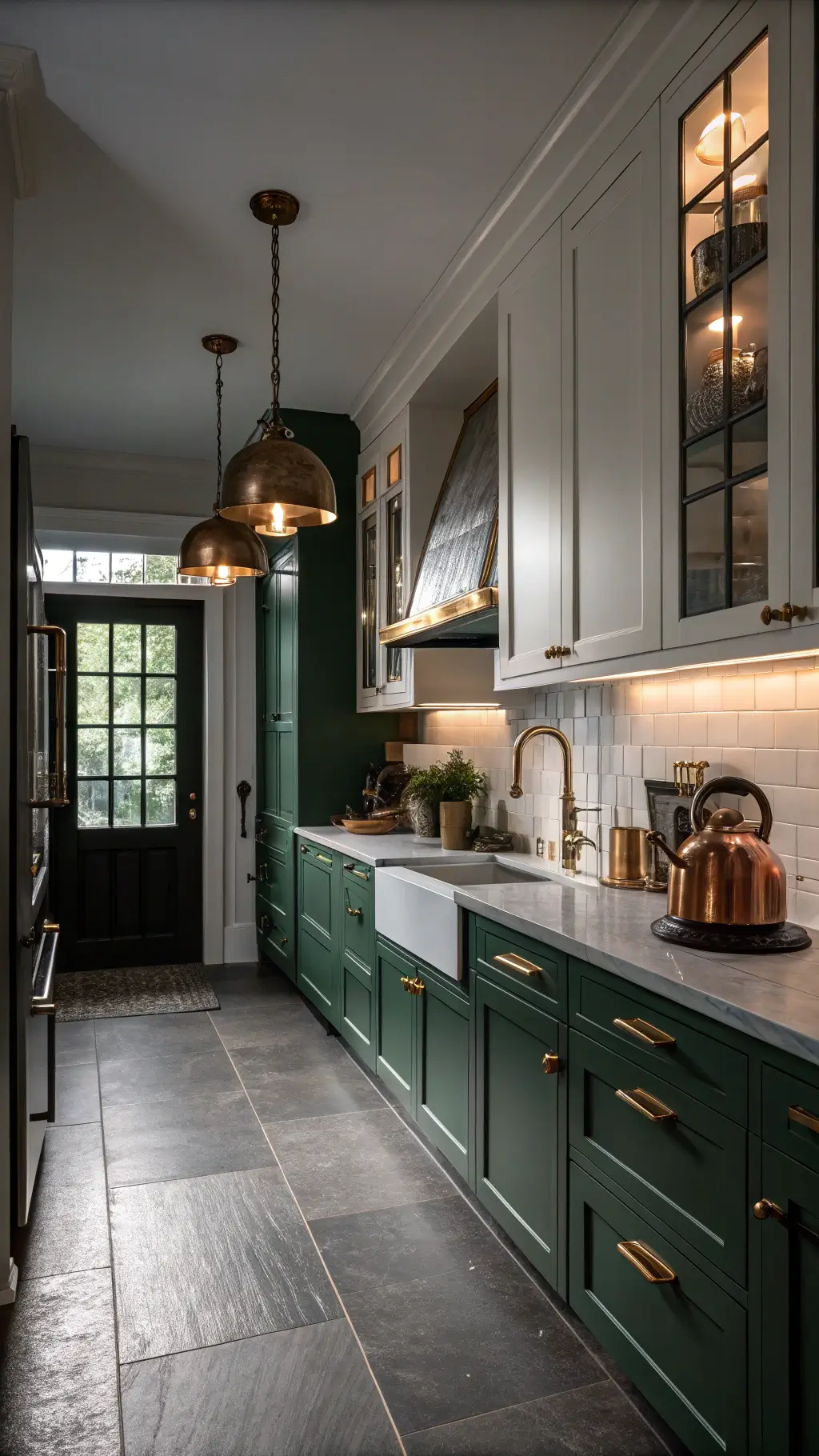 moody evening kitchen portrait showing emerald green lower cabinets, white upper cabinets with brass trim, dark soapstone counters, and warm pendant lighting copper accents throughout