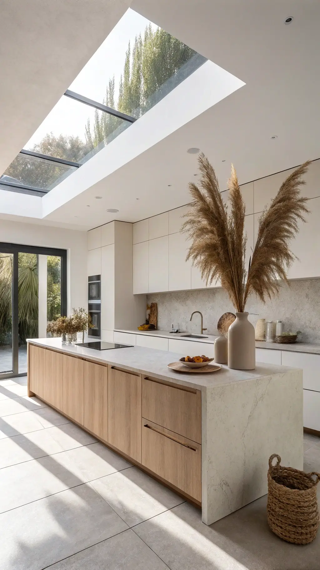 minimalist kitchen with taupe and white flat-panel cabinets, pale concrete island, natural morning light from a skylight, styled large ceramic vase dried pampas grass