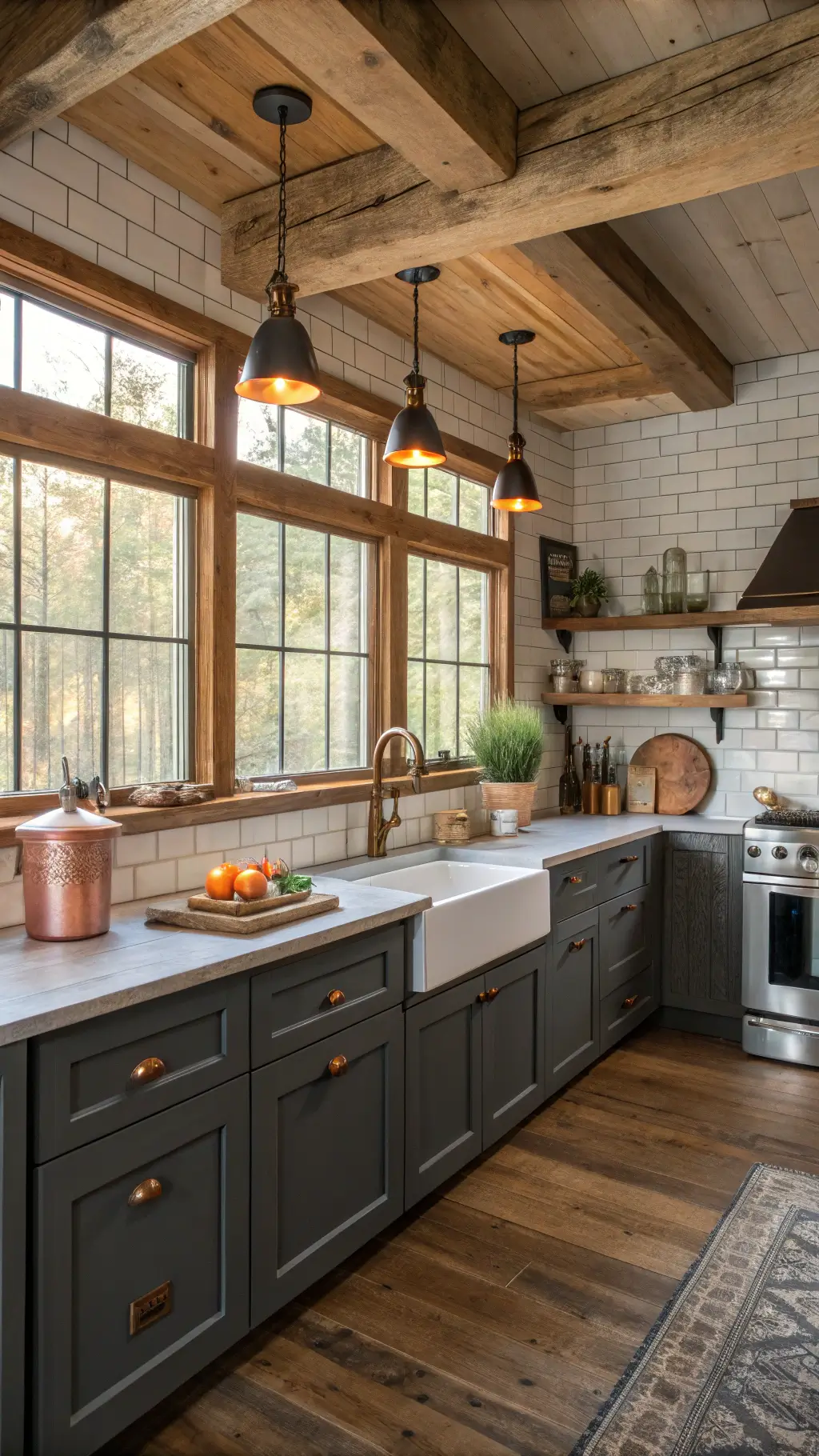 rustic modern farmhouse kitchen with charcoal gray and pine cabinets, subway tile backsplash, copper cookware under vintage industrial lighting