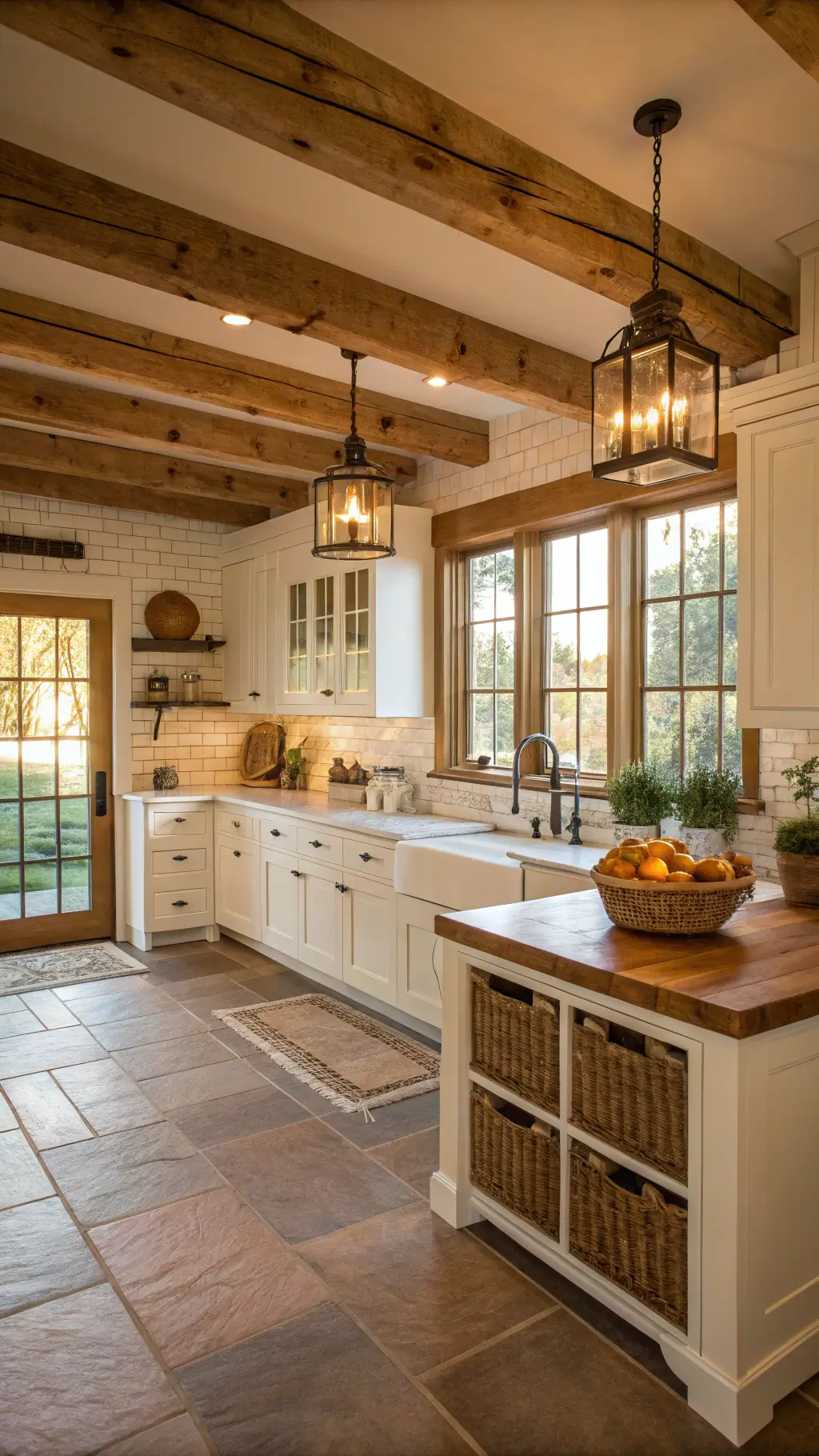 spacious farmhouse kitchen with white cabinets, wooden beams, butcher block island, and roman-shaded windows letting in golden afternoon light