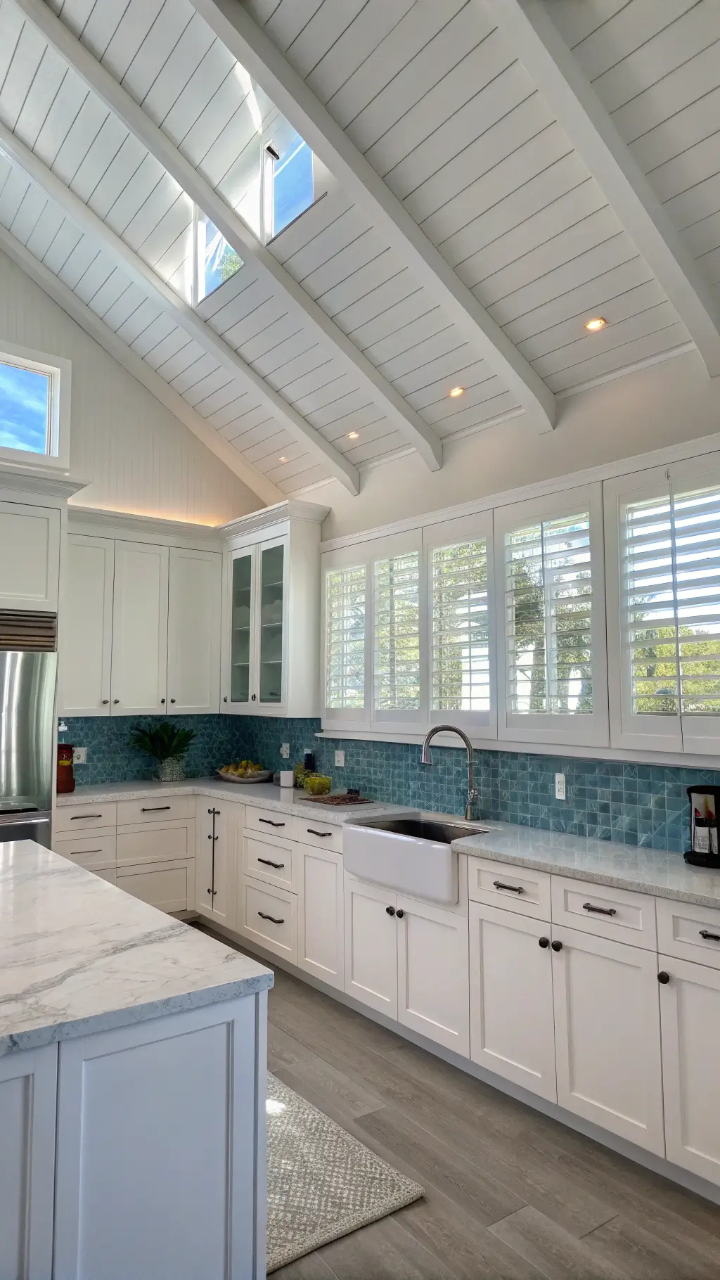 open-concept kitchen with flat-panel white cabinets, blue glass mosaic backsplash, quartz counters, and vaulted ceiling, featuring a bright, airy atmosphere mid-morning light through plantation shutters