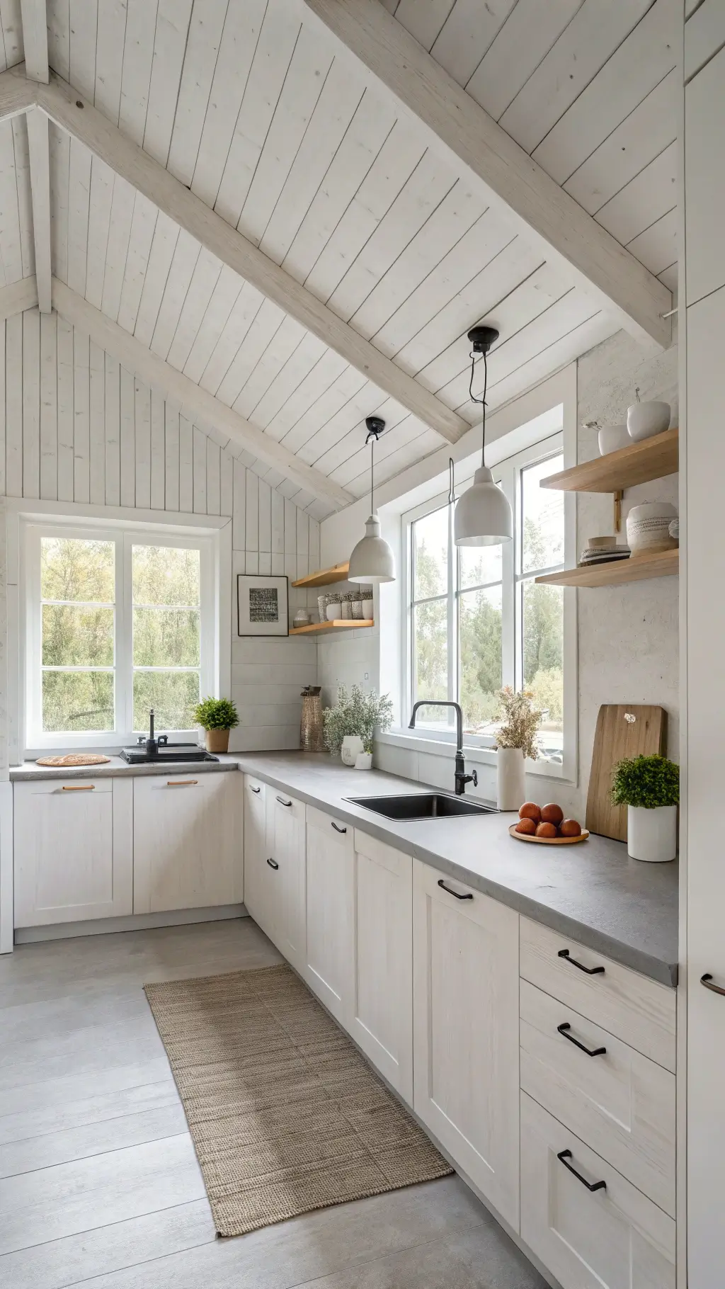 scandinavian style compact kitchen with white ceiling, frosted glass, and handleless cabinets, wood accents, grey concrete counters, ceramic pendant lights