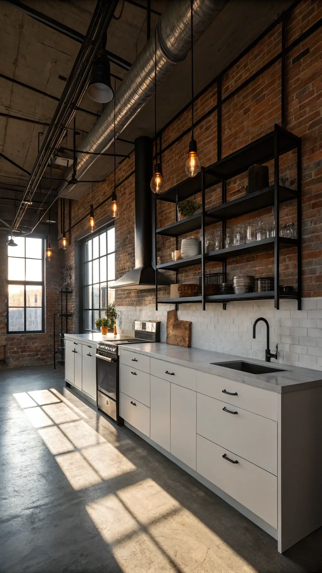 loft-style kitchen with exposed brick wall, white cabinets, black steel open shelves, concrete countertops, and stainless appliances, lit by Edison bulb pendants and factory windows' afternoon light