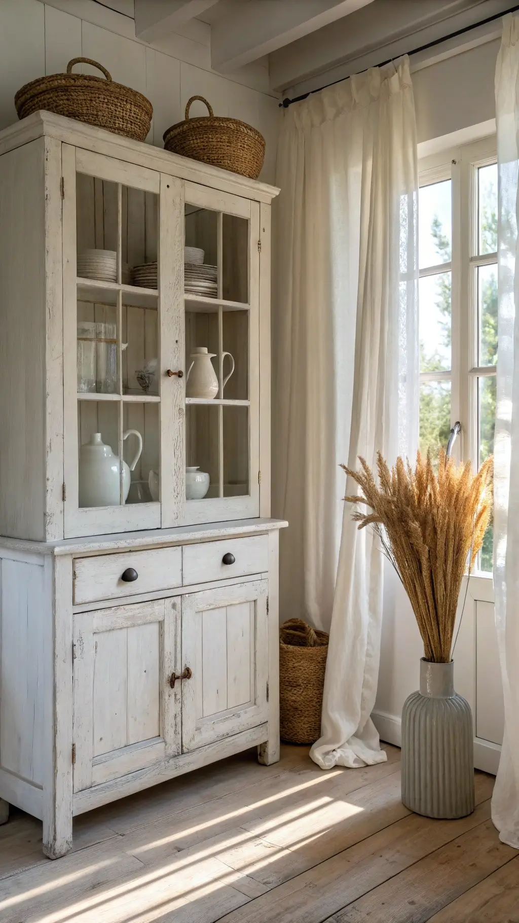 Scandinavian kitchen corner with whitewashed pine cabinet, ceramic pitchers, and dried wheat, illuminated by soft natural light