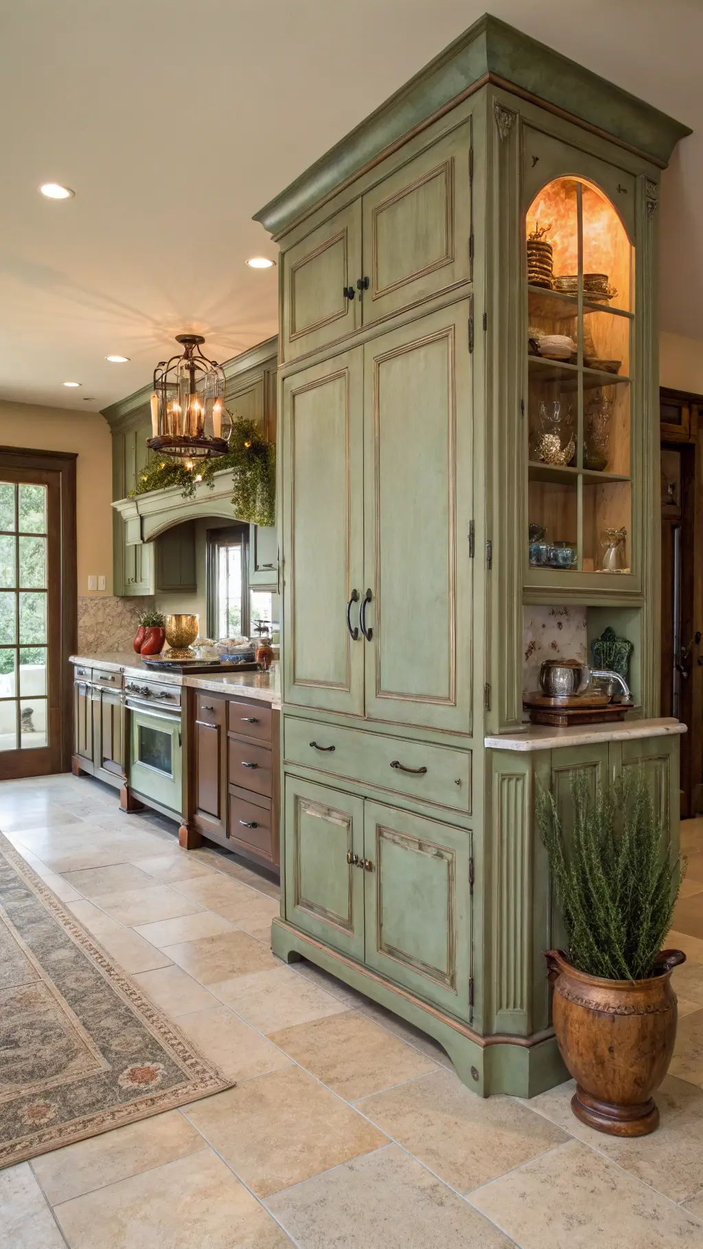 Open kitchen with a tall French provincial cabinet in distressed sage green, decorated with enamelware and copper molds