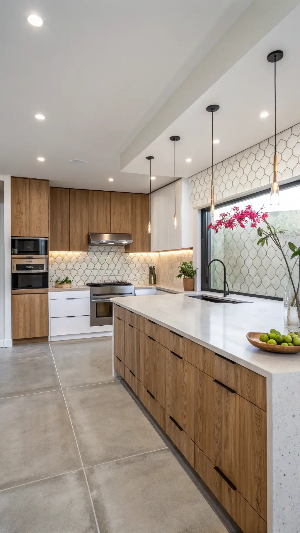 minimalist contemporary kitchen with two-tone cabinets, stainless steel appliances, concrete countertops, geometric backsplash, and center island under morning light, styled with a single orchid plant, metallic fruit bowl, cookbook stand