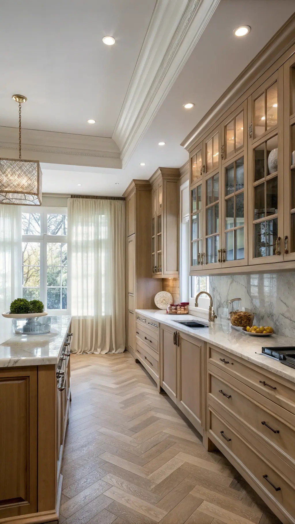 elegant transitional l-shaped kitchen featuring light brown maple cabinets, creamy marble countertops, and herringbone wood floors, adorned with blue-and-white chinoiserie vases, copper cookware, fresh hydrangeas under afternoon sunlight