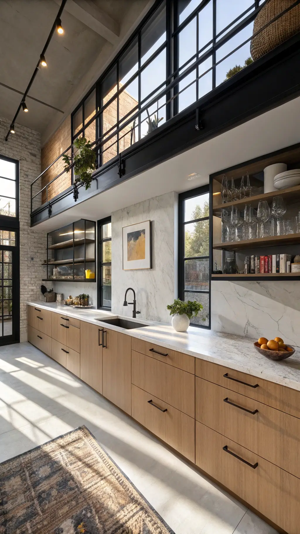 gallery-style kitchen with high ceilings, light brown slab cabinets, black steel-framed windows, floating shelves with pottery, white quartzite counters, metallic mosaic backsplash, and minimalistic decor including fruit bowl and art books