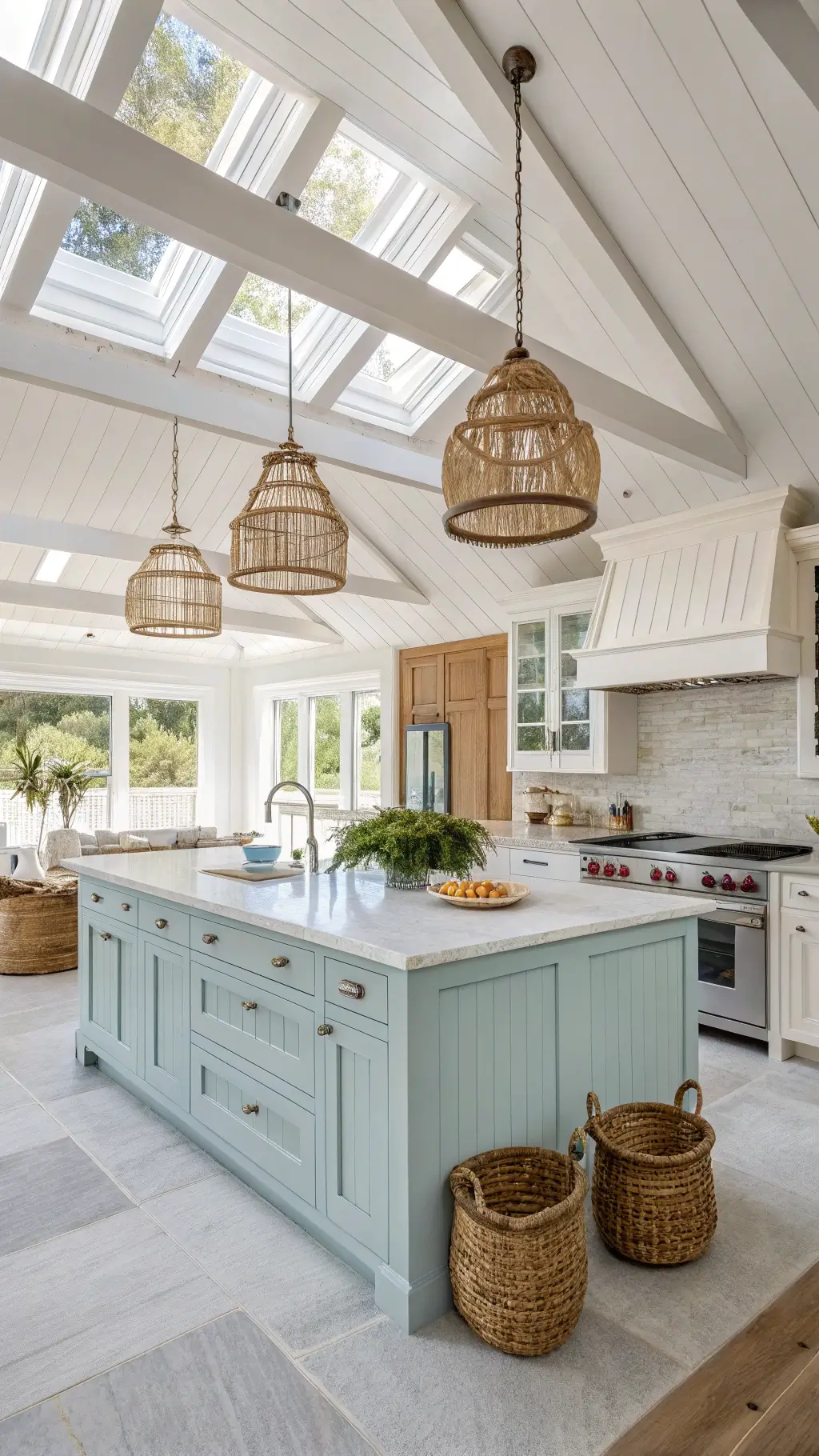 coastal-inspired kitchen with vaulted ceiling, exposed beams, natural light from skylights, brown beadboard cabinets with glass knobs, white shiplap walls, pale blue island, sandy limestone floors, rattan pendants, driftwood accents, seagrass baskets, shell collection, and ceramic vessels