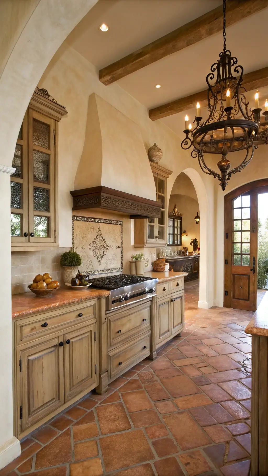 Mediterranean-style kitchen with terracotta tile floor, light brown cabinets, cream limestone counters, hand-painted backsplash, copper hood, wrought iron chandelier, decorated with olive branches and pottery