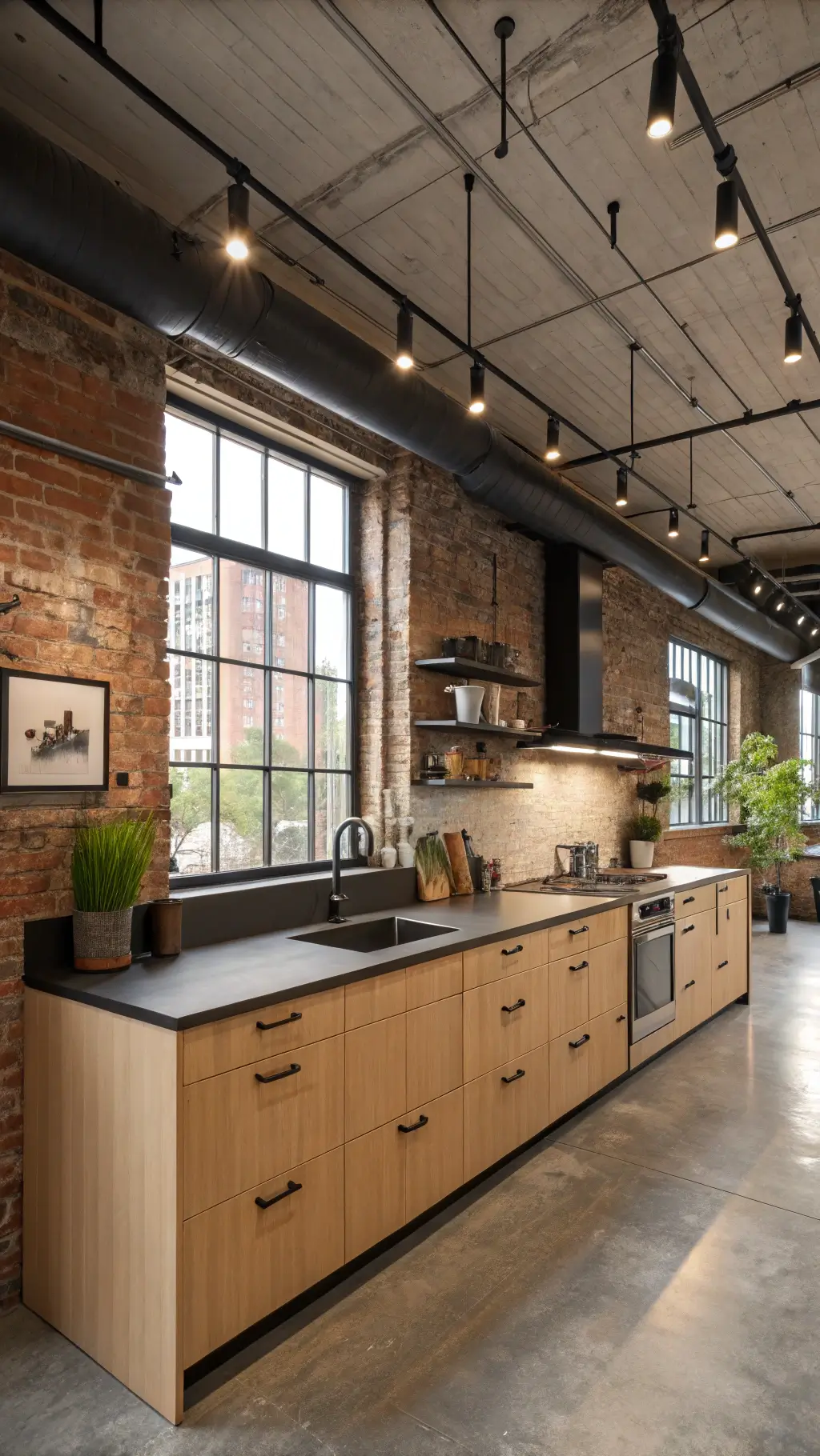 spacious urban loft kitchen with exposed brick walls, concrete ceiling, light brown flat-panel cabinets, black accents, stainless steel countertops, industrial shelving, professional cookware, art pieces, plants against factory windows