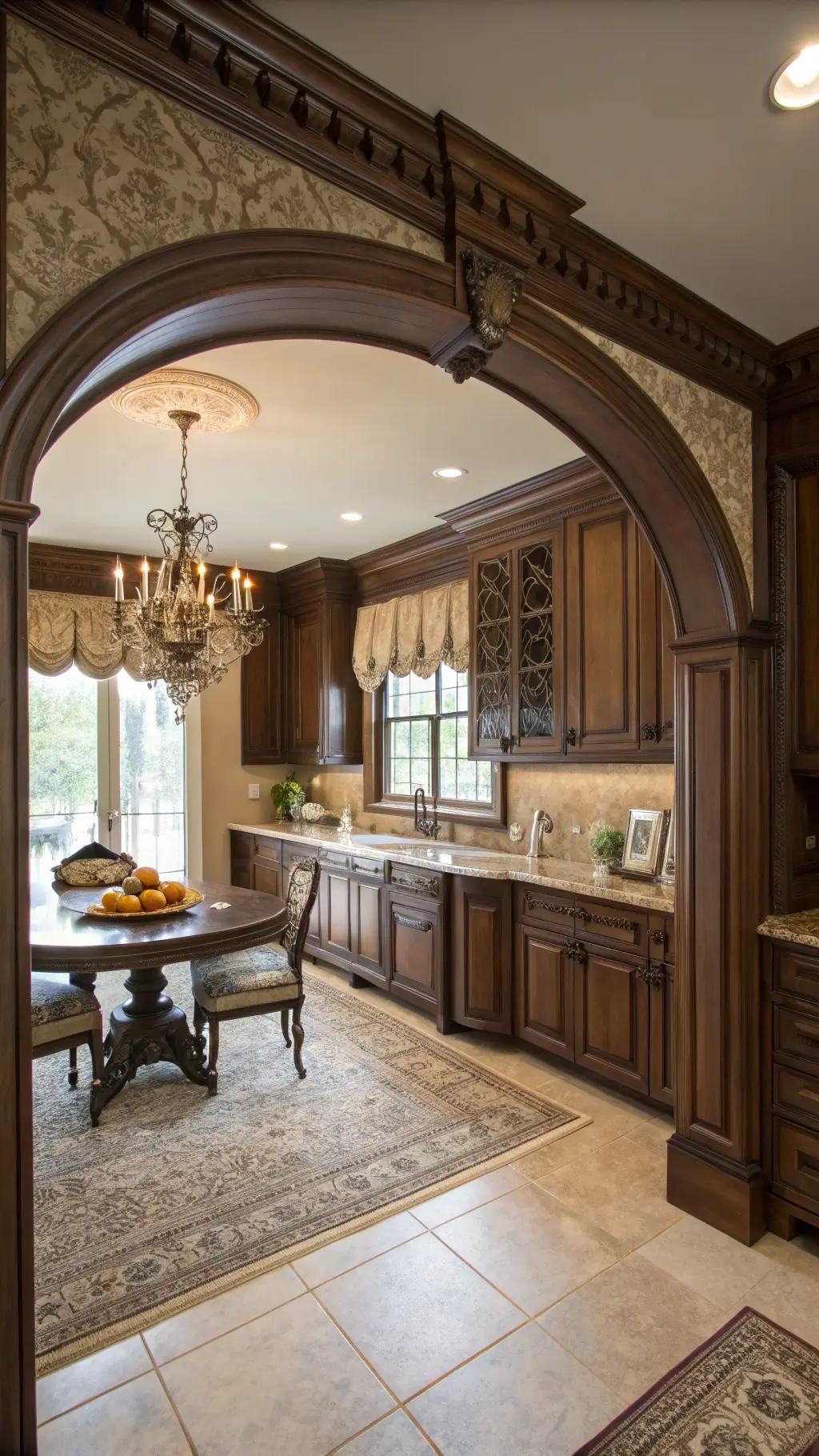 traditional elegance kitchen design featuring dark oak cabinets, walnut molding, speckled granite countertops, crystal chandelier, cream persian rug, and archway with coffered ceiling in well-lit morning ambiance.