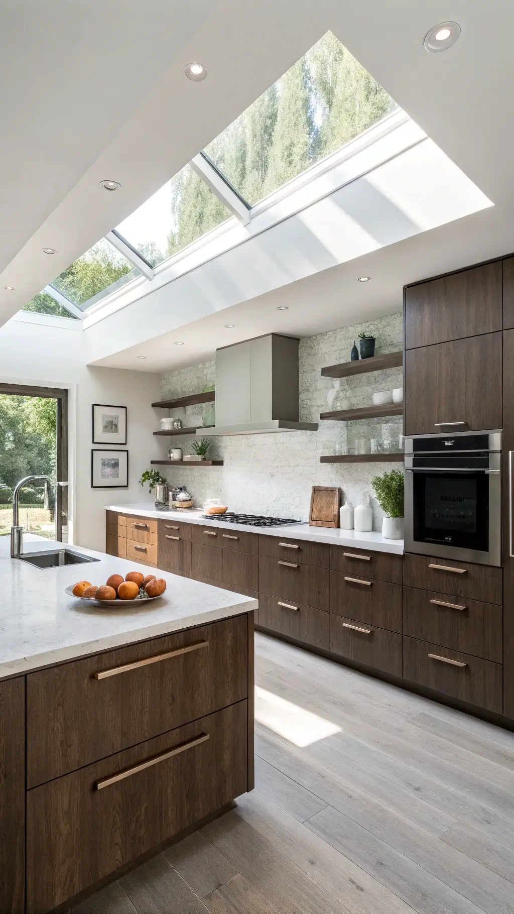 spacious 16x14ft scandinavian-style kitchen with bright skylights, dark oak cabinets integrated handles, white quartz countertops, stainless steel appliances, and light floating shelves on pale gray concrete floors.