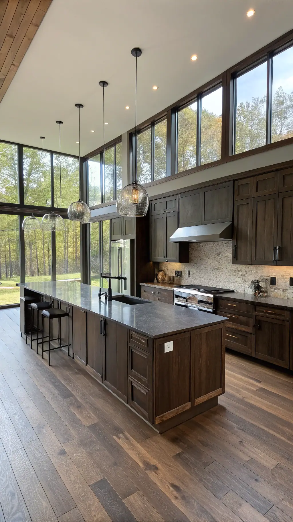 contemporary open-concept kitchen with dark oak cabinets, industrial windows, gray soapstone countertops, and white bar stools in a sophisticated urban setting balanced natural led lighting.