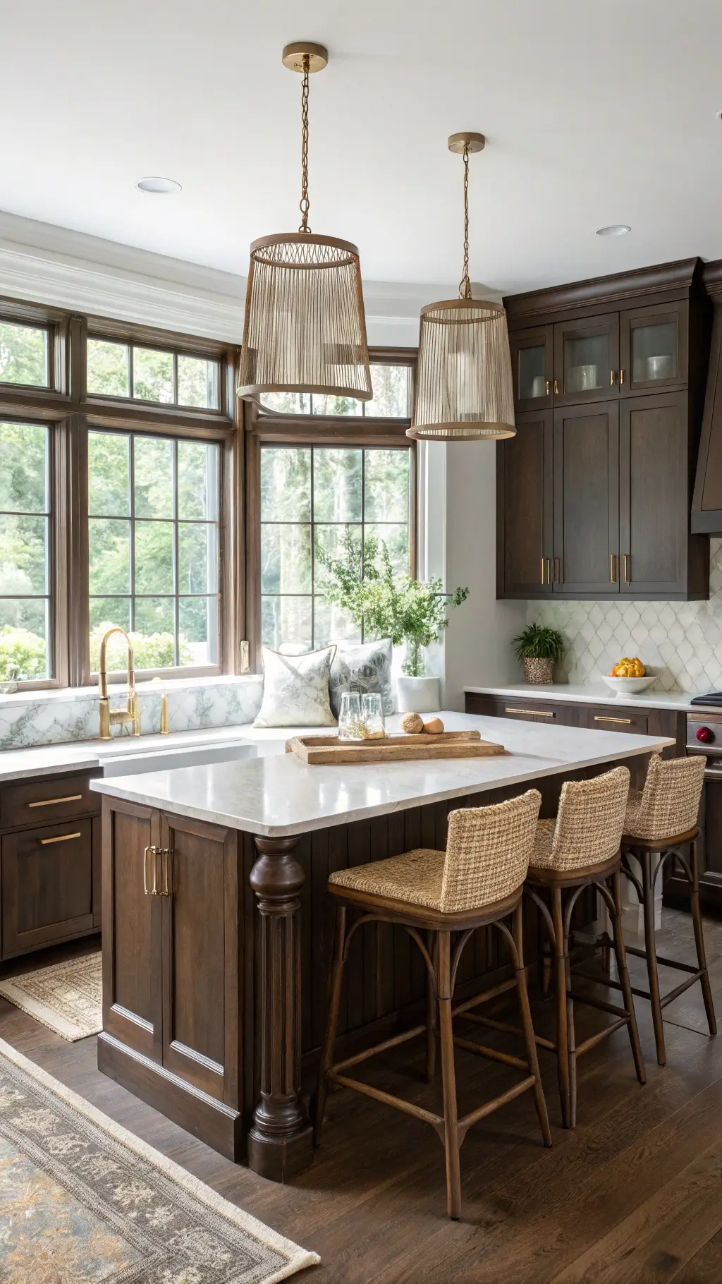 mid-morning light illuminating a 14x20ft kitchen featuring dark oak cabinets in coffee bean finish, cream marble countertops with taupe veining, brass fixtures, and bay window breakfast nook woven bar stools.