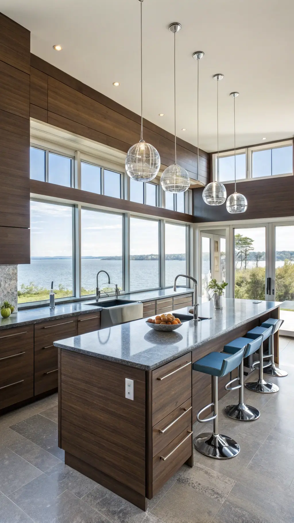 coastal contemporary kitchen featuring dark oak cabinets, blue-grey quartz countertops, glass globe pendant lights, rattan and chrome barstools, a wall of windows overlooking the ocean.