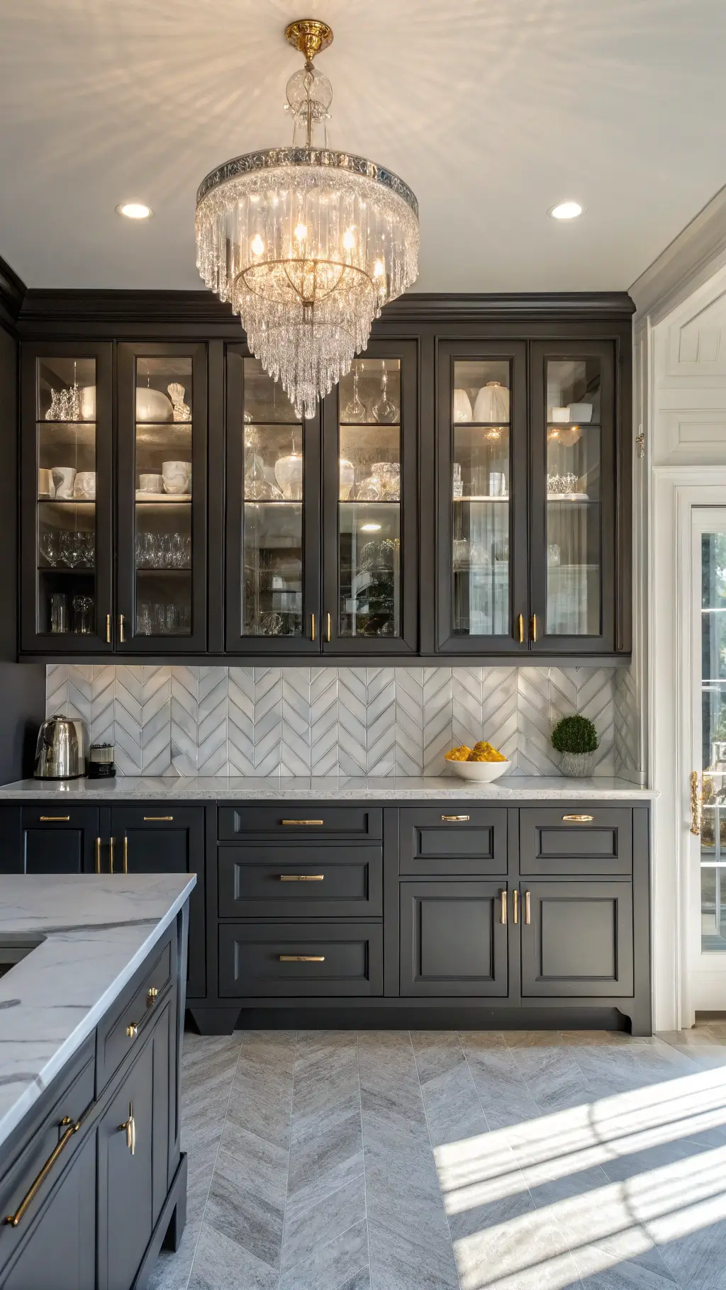 Traditional kitchen with marble backsplash and crystal chandelier